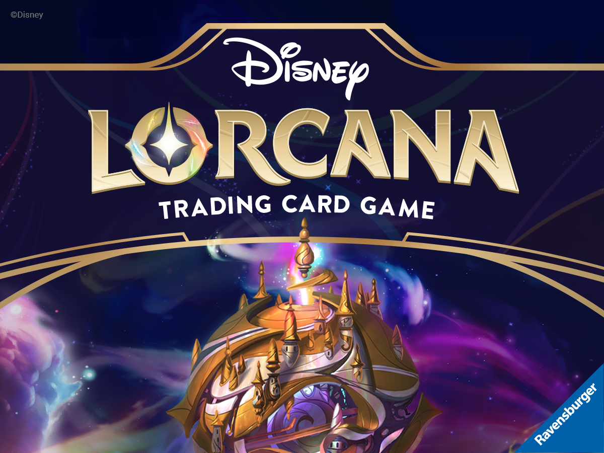 Cover art for the Disney Lorcana Trading Card game, with an elaborate spherical castle in the center of the frame. The colors are reminiscent of the castle seen in Disney’s Aladdin.