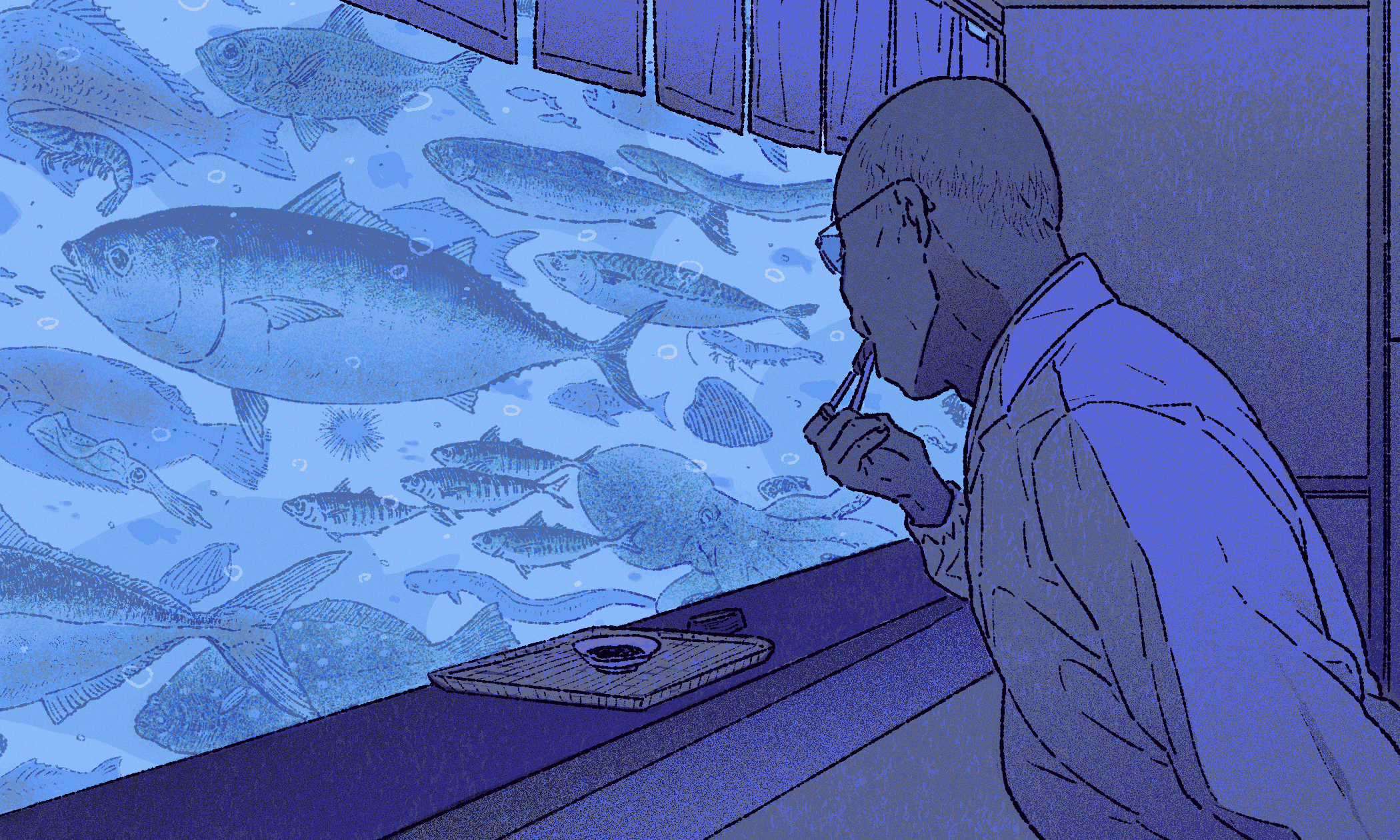 Illustration of a bald man bringing a pair of chopsticks to his lips as a seat of different fishes floats by him in the window outside.