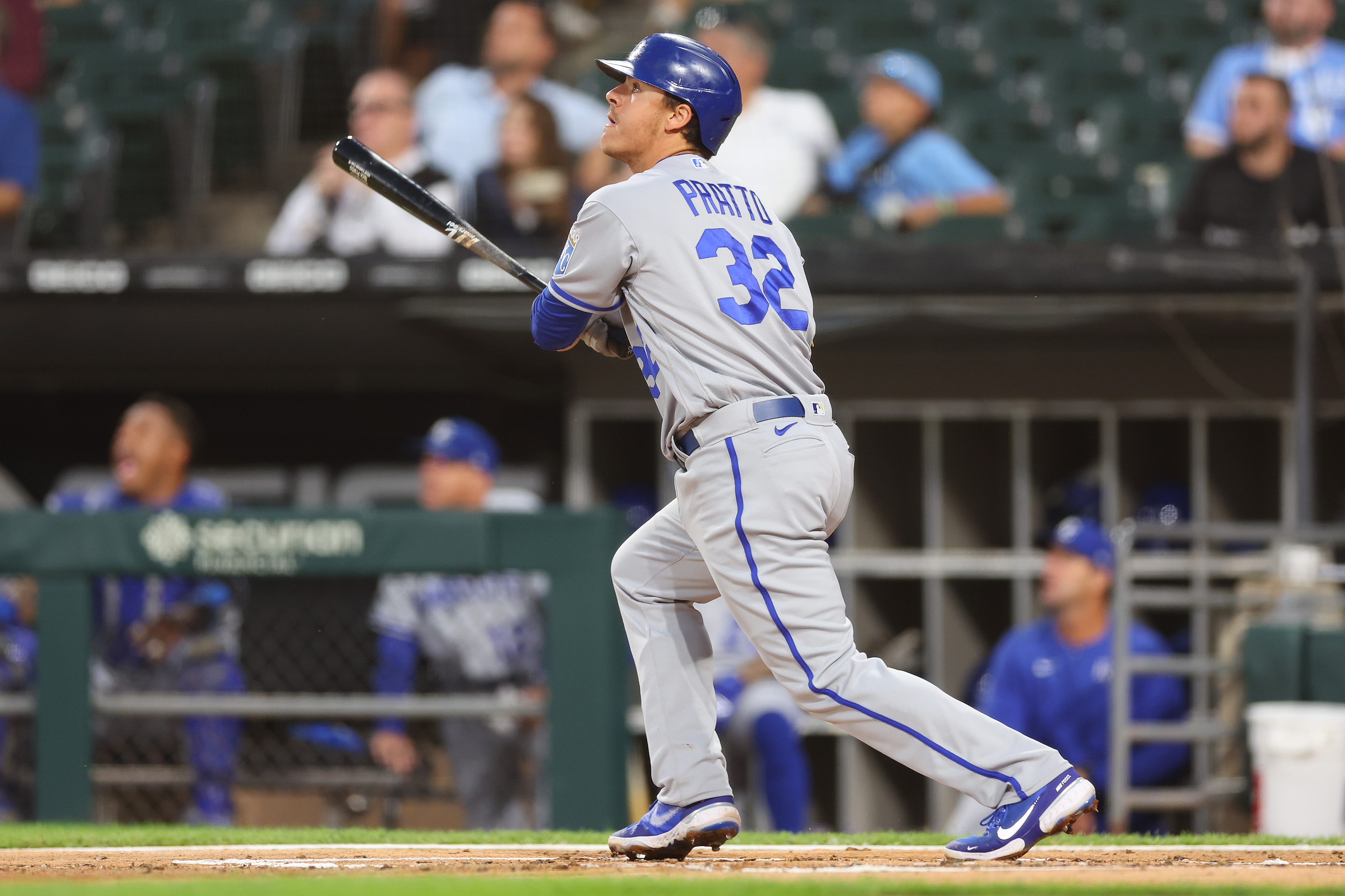 Nick Pratto #32 of the Kansas City Royals hits a solo home run during the second inning against the Chicago White Sox at Guaranteed Rate Field on August 30, 2022 in Chicago, Illinois.