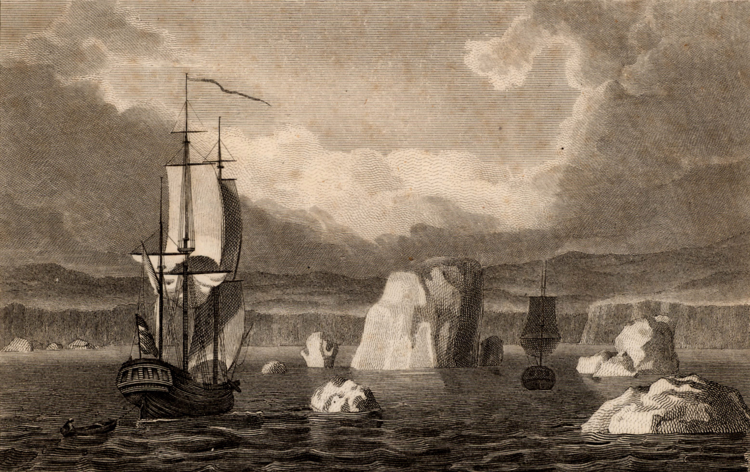 Sailing ships among icebergs in the Arctic Circle. Engraving from The Gallery of Nature and Art by the Rev. Edward Polehampton (London, 1815).