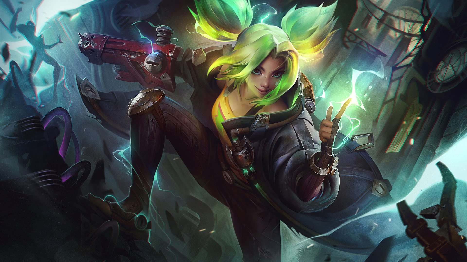 League of Legends - Zeri, the Spark of Zaun, splash art. She is a young woman with green hair in pigtails, an oversized coat, and electricity coursing through her fingertips. She is fighting some bad guys, but looks relaxed and calm.