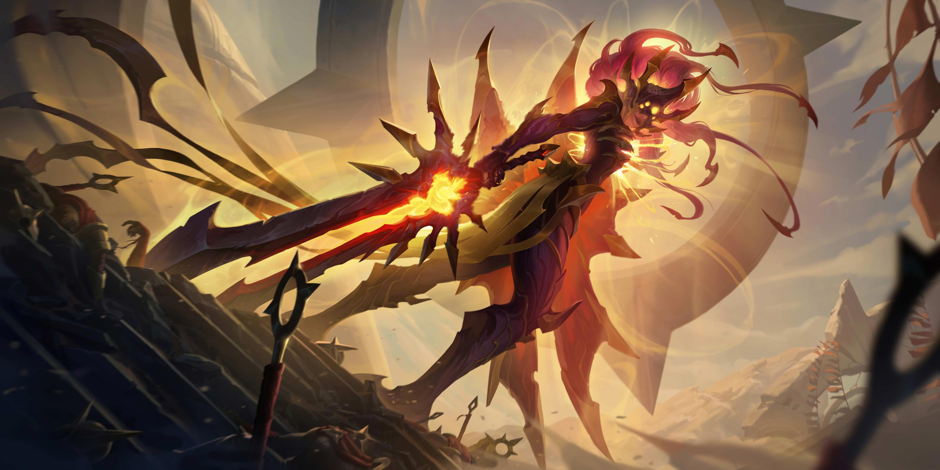 Legends of Runeterra - Corrupted Leona, a woman warrior with who wields blazing sun in the heart of a dark sword. She is smiling to herself on a platform, surrounded by the downed bodies of her attackers.