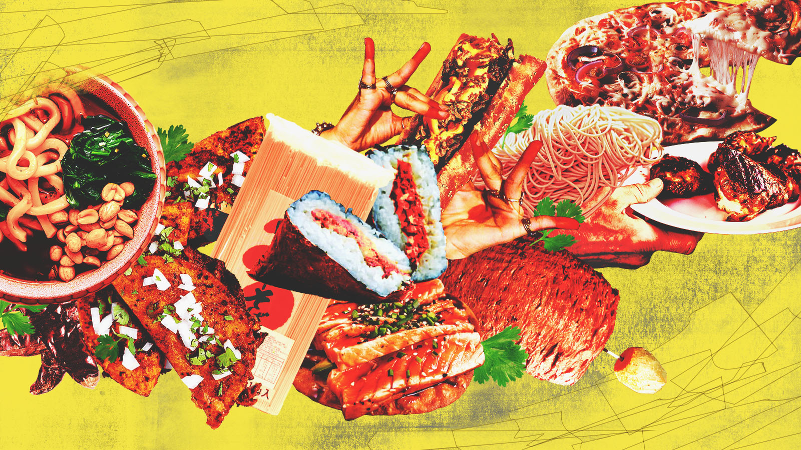 Photo-collage of various different kinds of food — pizza, spaghetti, salmon, tacos among them — all jumbled together.