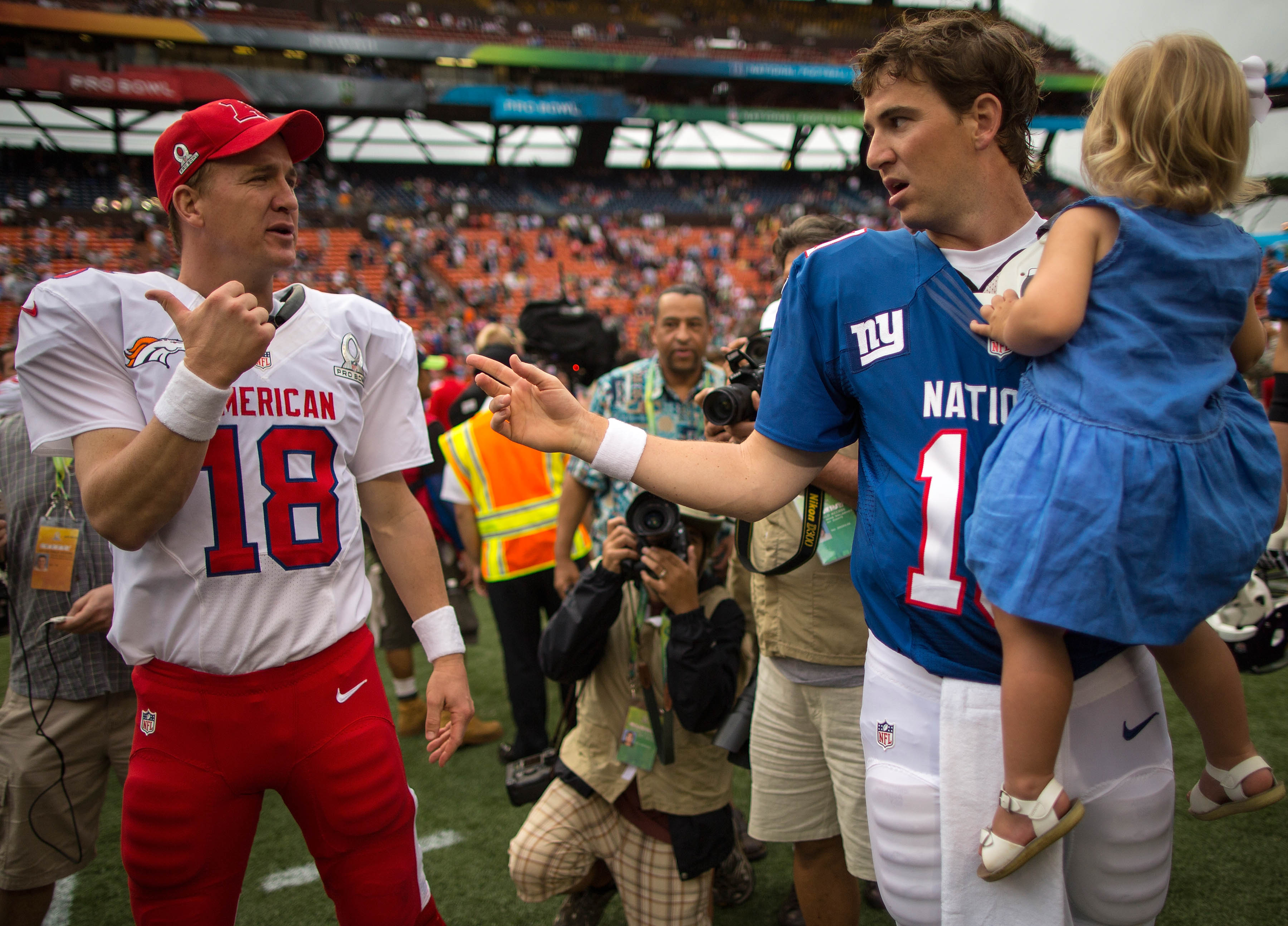 Peyton Manning #18 of the AFC’s Denver Broncos talks with brother, Eli Manning #10 of the NFC’s New York Giants after the conclusion of the 2013 AFC-NFC Pro Bowl on January 27 , 2013 at Aloha Stadium in Honolulu, Hawaii.