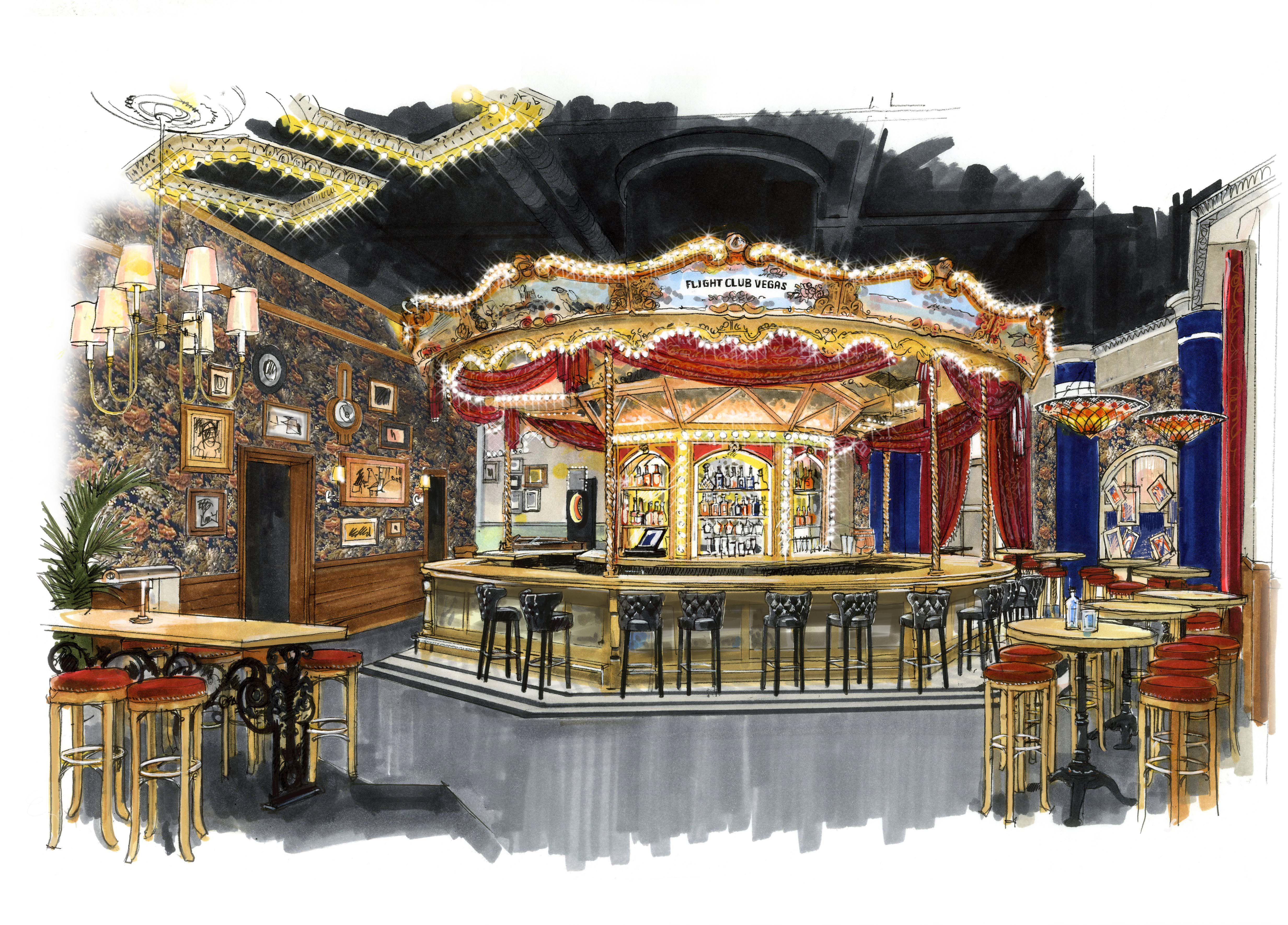Sketch of the carousel bar at Flight Club Las Vegas