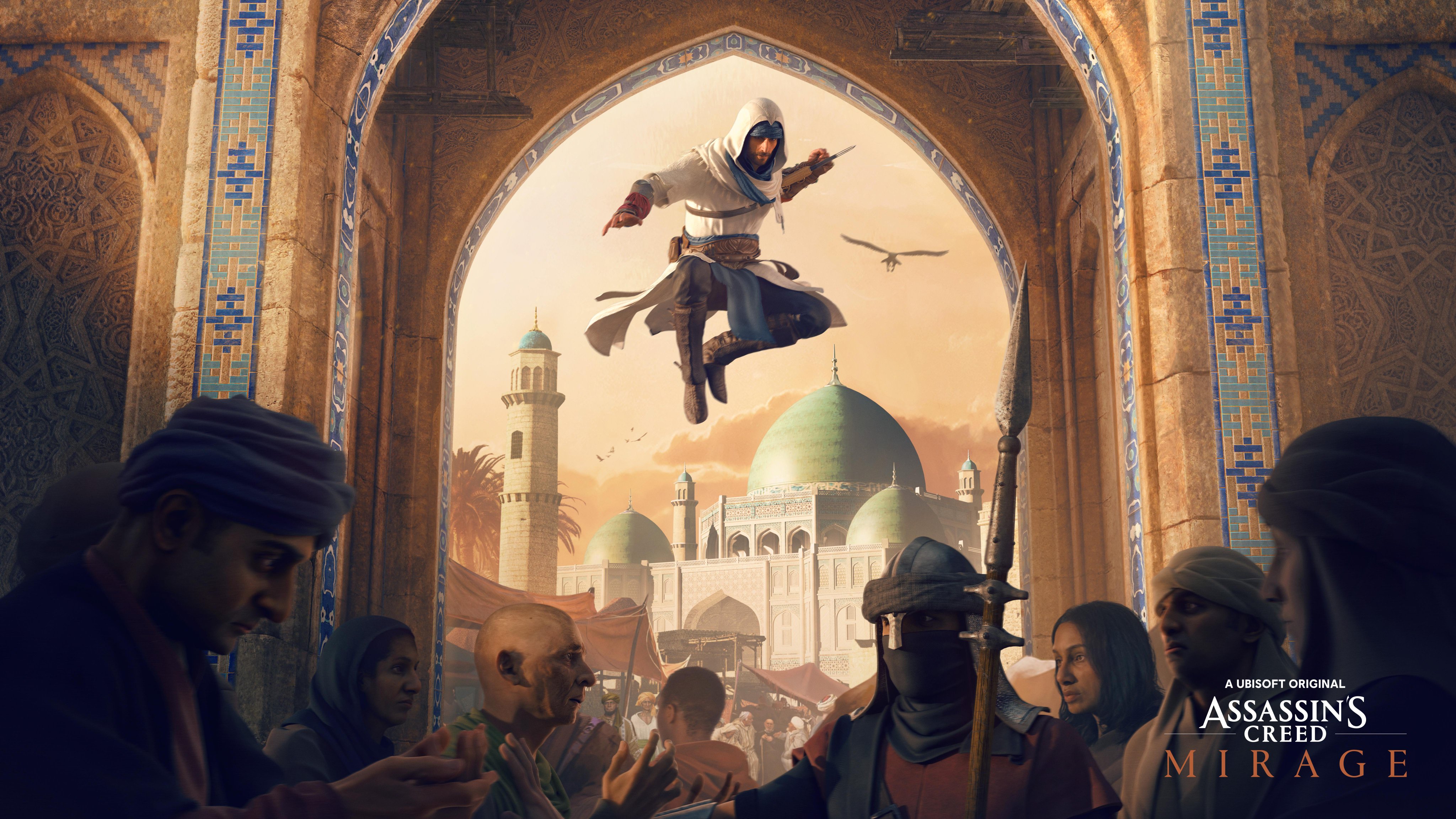 Basim leaps through an archway, wrist-blade extended, with his bird drone hovering behind him