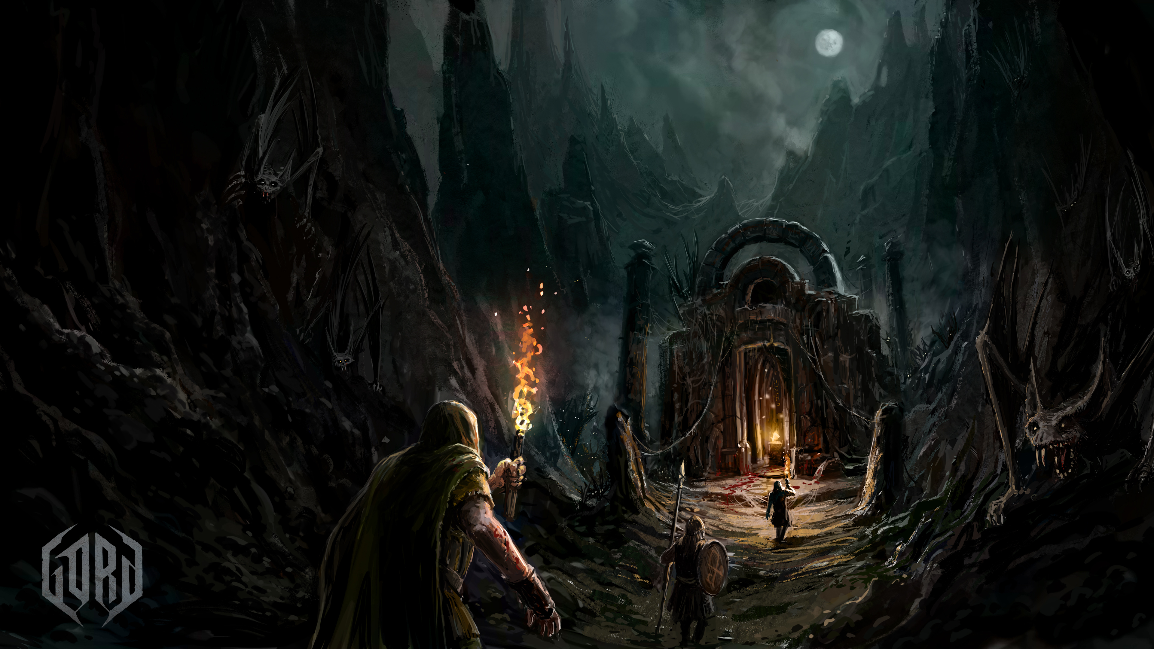 Artwork from Gord, featuring characters holding torches and spears heading toward a gated entrance