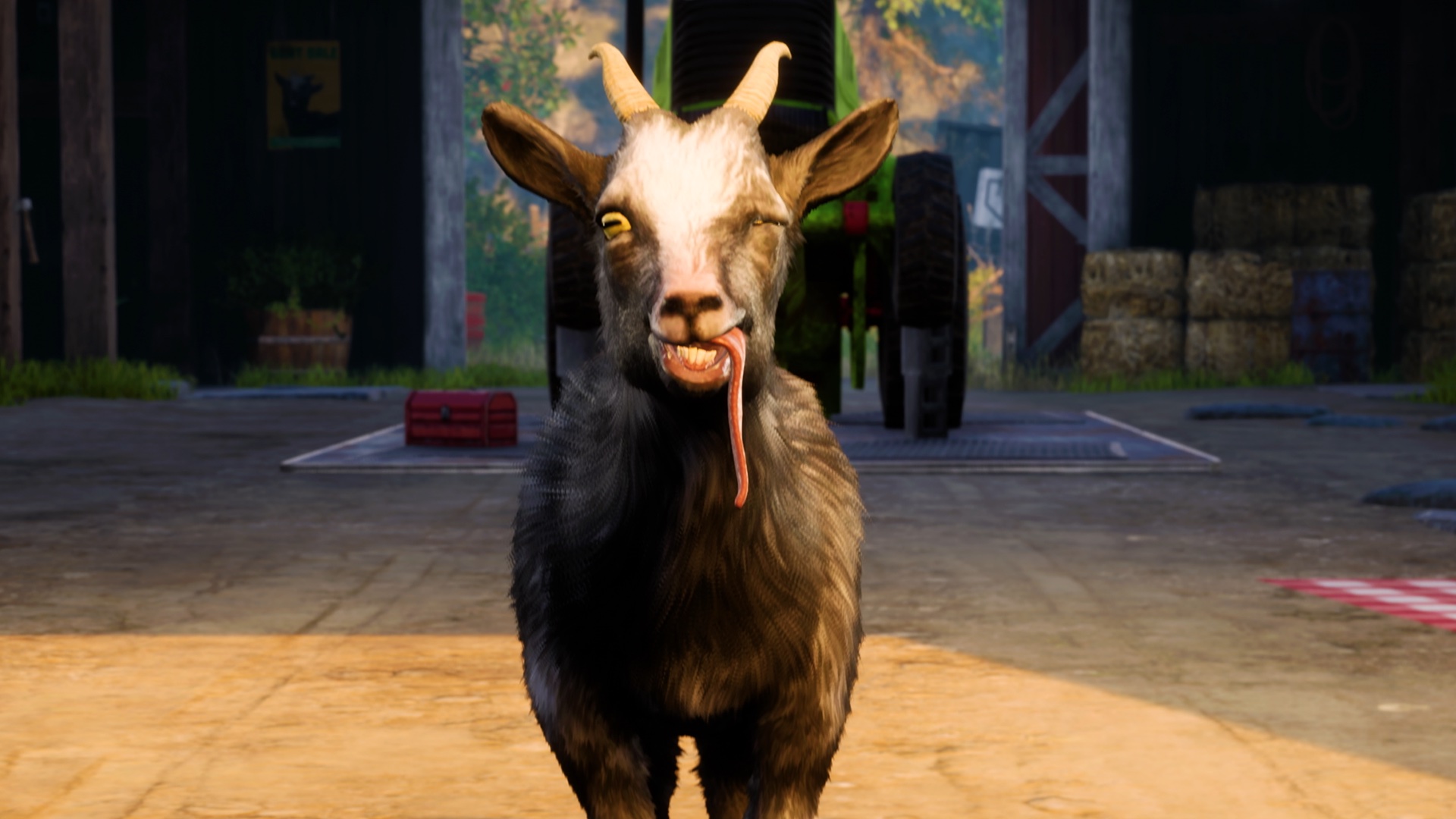 A goat from Goat Simulator 3 faces the camera, winking and with its tongue hanging out