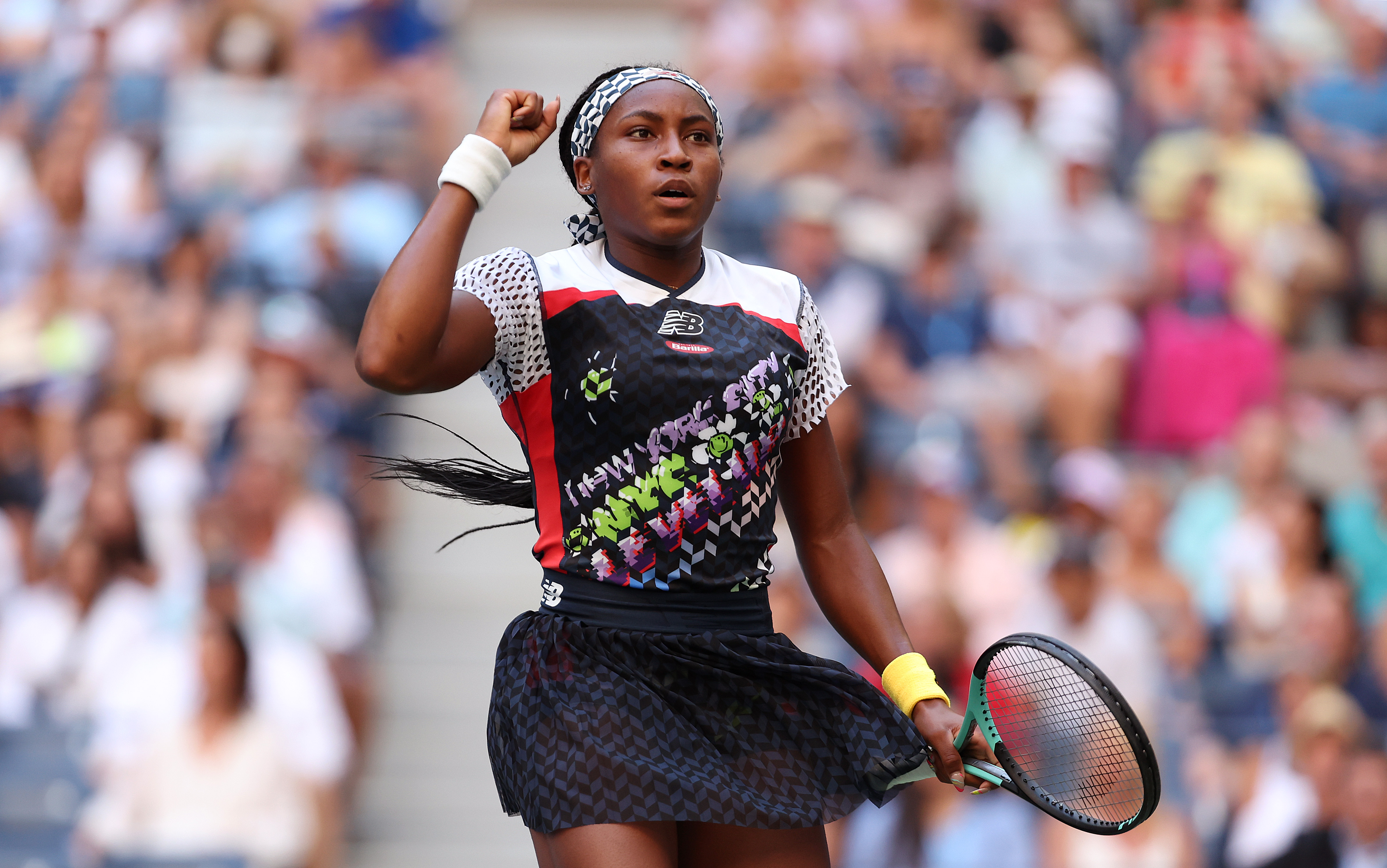 Coco Gauff of the United States celebrates a point against Madison Keys of the United States during their Women’s Singles Third Round match on Day Five of the 2022 US Open at USTA Billie Jean King National Tennis Center on September 02, 2022 in the Flushing neighborhood of the Queens borough of New York City.