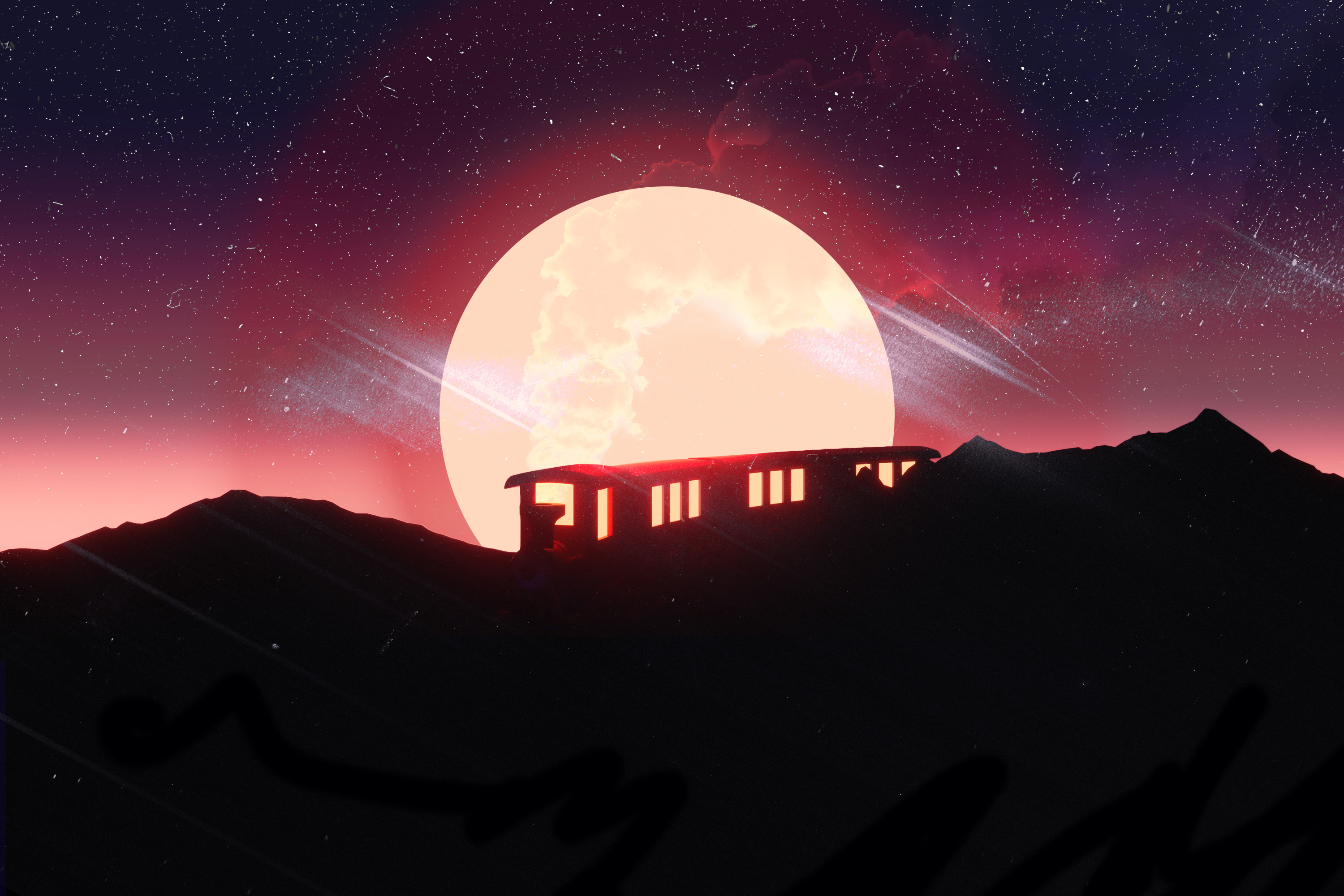 Illustration of the moon rising over a dark hill.