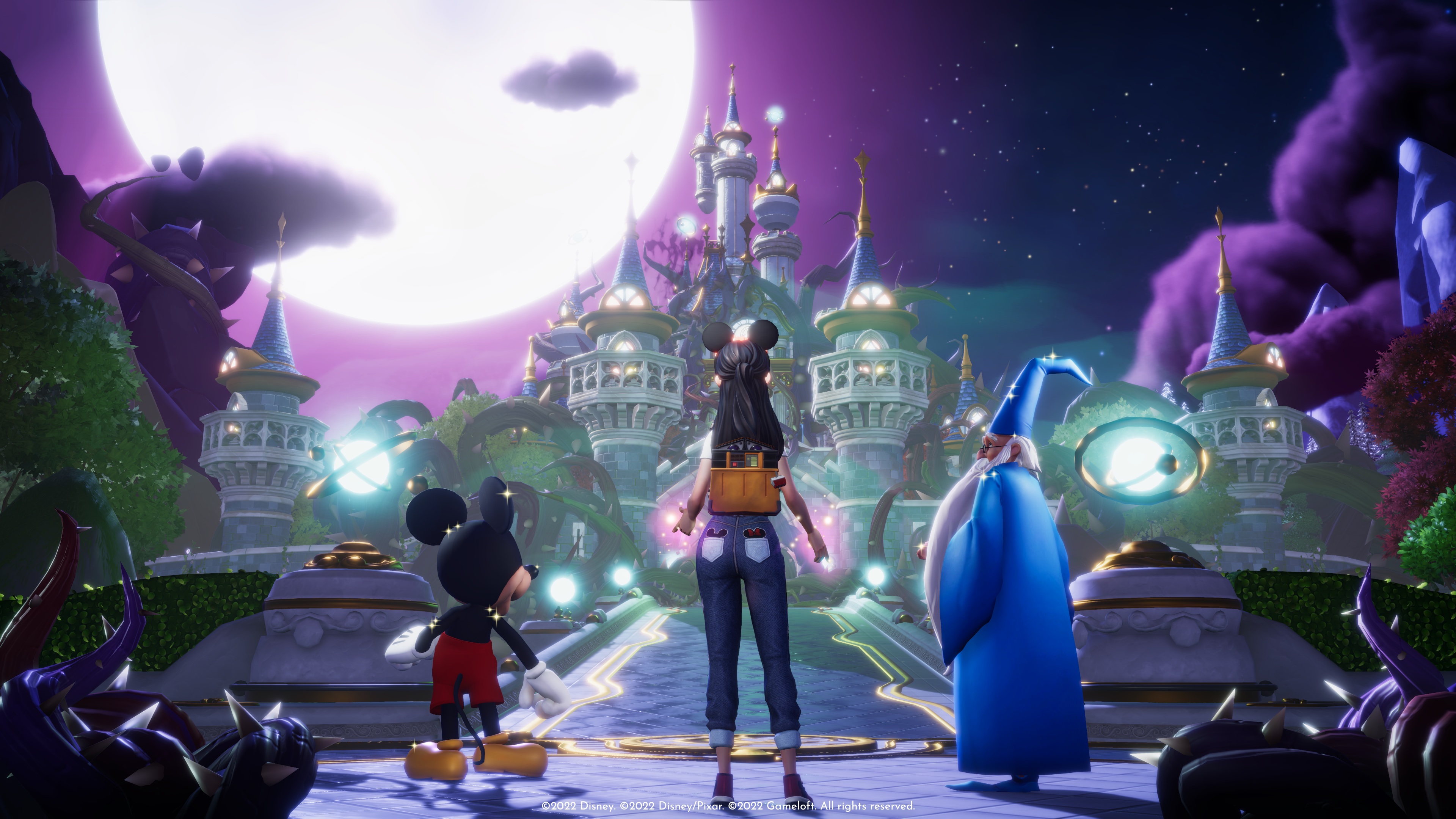 A character stands next to Mickey and a wizard in a screenshot from Disney Dreamlight Valley. The trio is facing a castle.