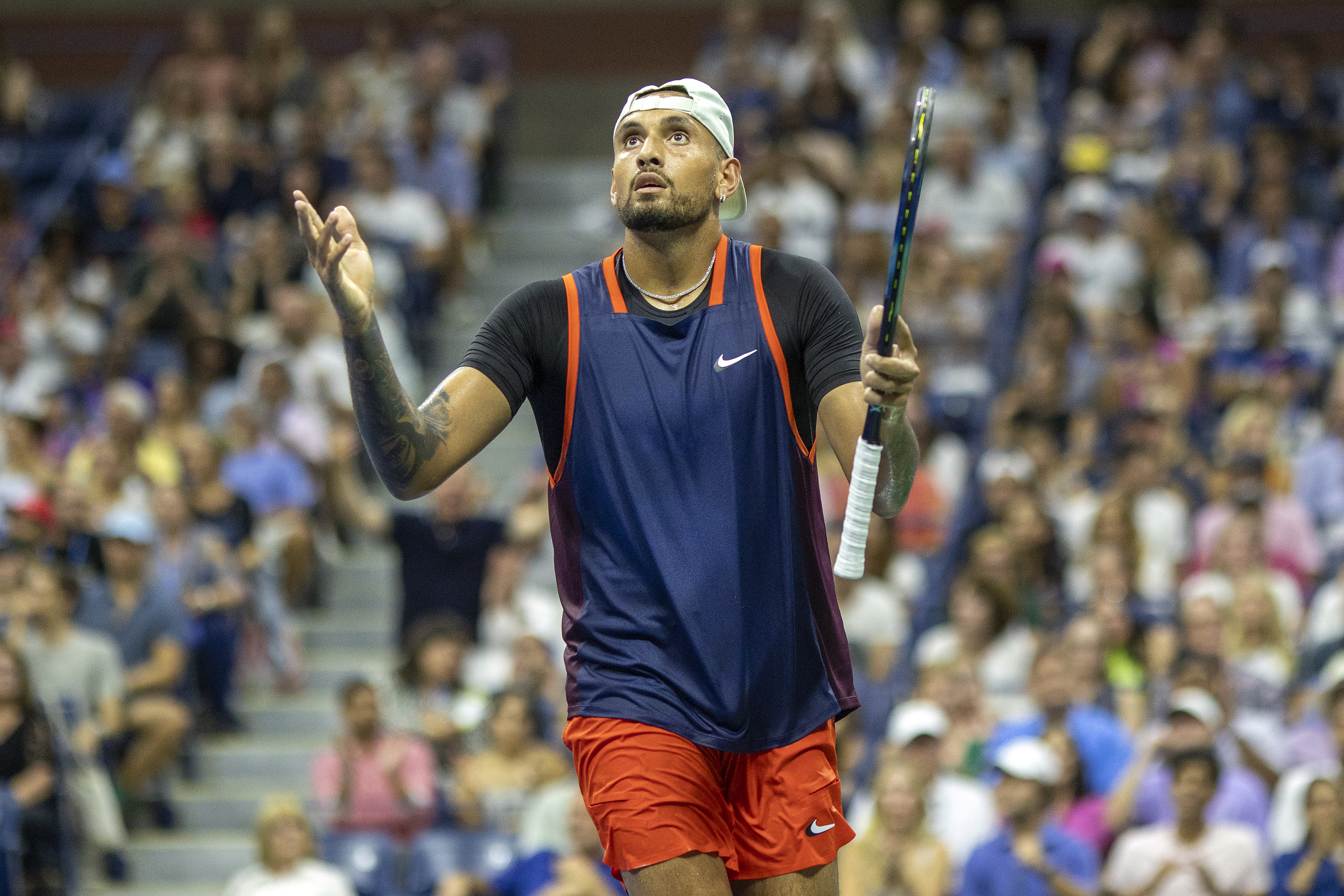 Nick Kyrgios of Australia reacts during his match against Daniil Medvedev of Russia in the Men’s Singles fourth round match on Arthur Ashe Stadium during the US Open Tennis Championship 2022 at the USTA National Tennis Centre on September 4th 2022 in Flushing, Queens, New York City.