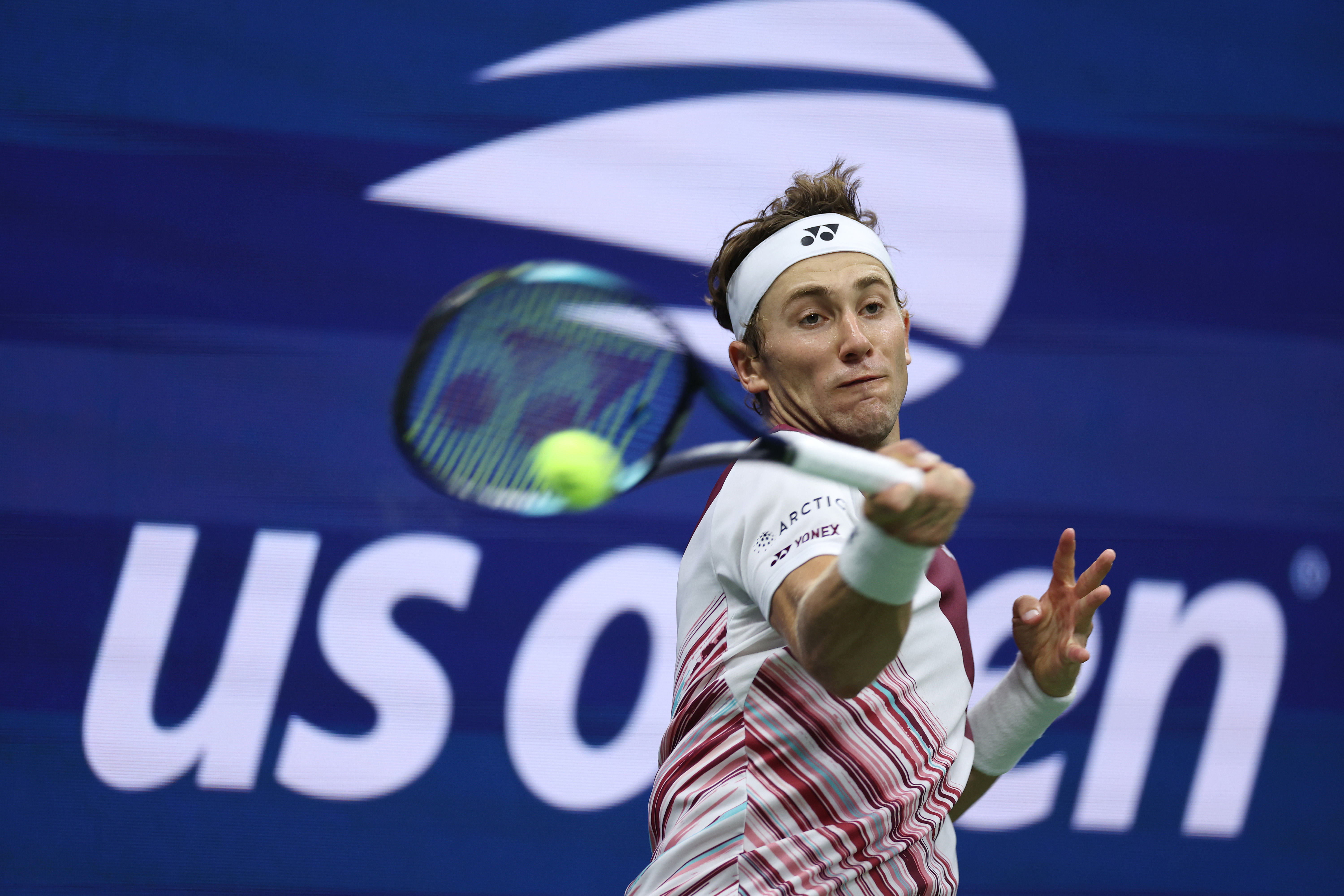 Casper Ruud of Norway returns a shot against Matteo Berrettini of Italy during their Men’s Singles Quarterfinal match on Day Nine of the 2022 US Open at USTA Billie Jean King National Tennis Center on September 06, 2022 in the Flushing neighborhood of the Queens borough of New York City.