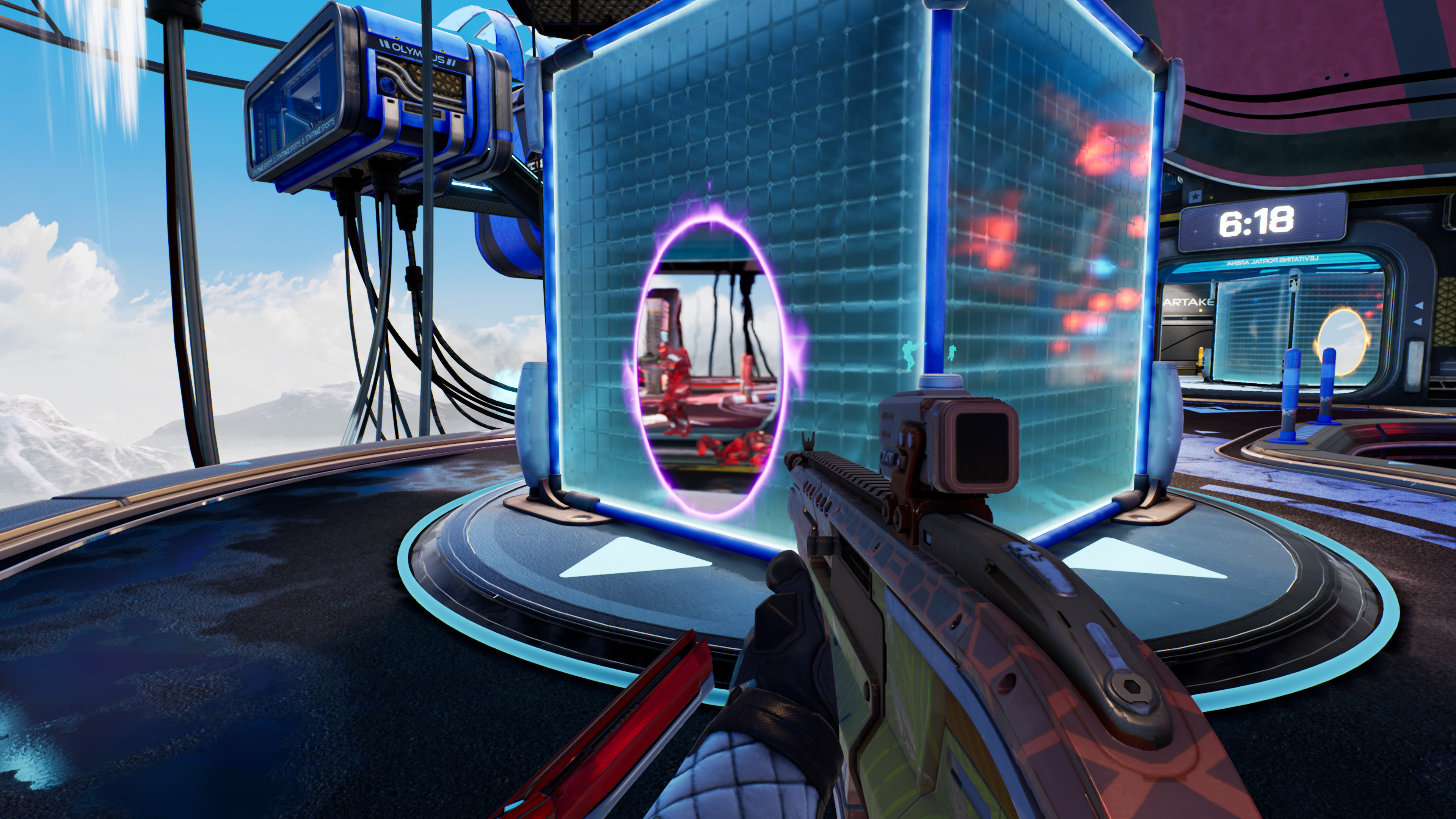 Splitgate - a player looks down the barrel of their rifle at a nearby futuristic balcony. A central structure in the room has a portal opened up on it. Further down the hallway, the other end of the portal is visible, creating a hole in reality that connects at either end.