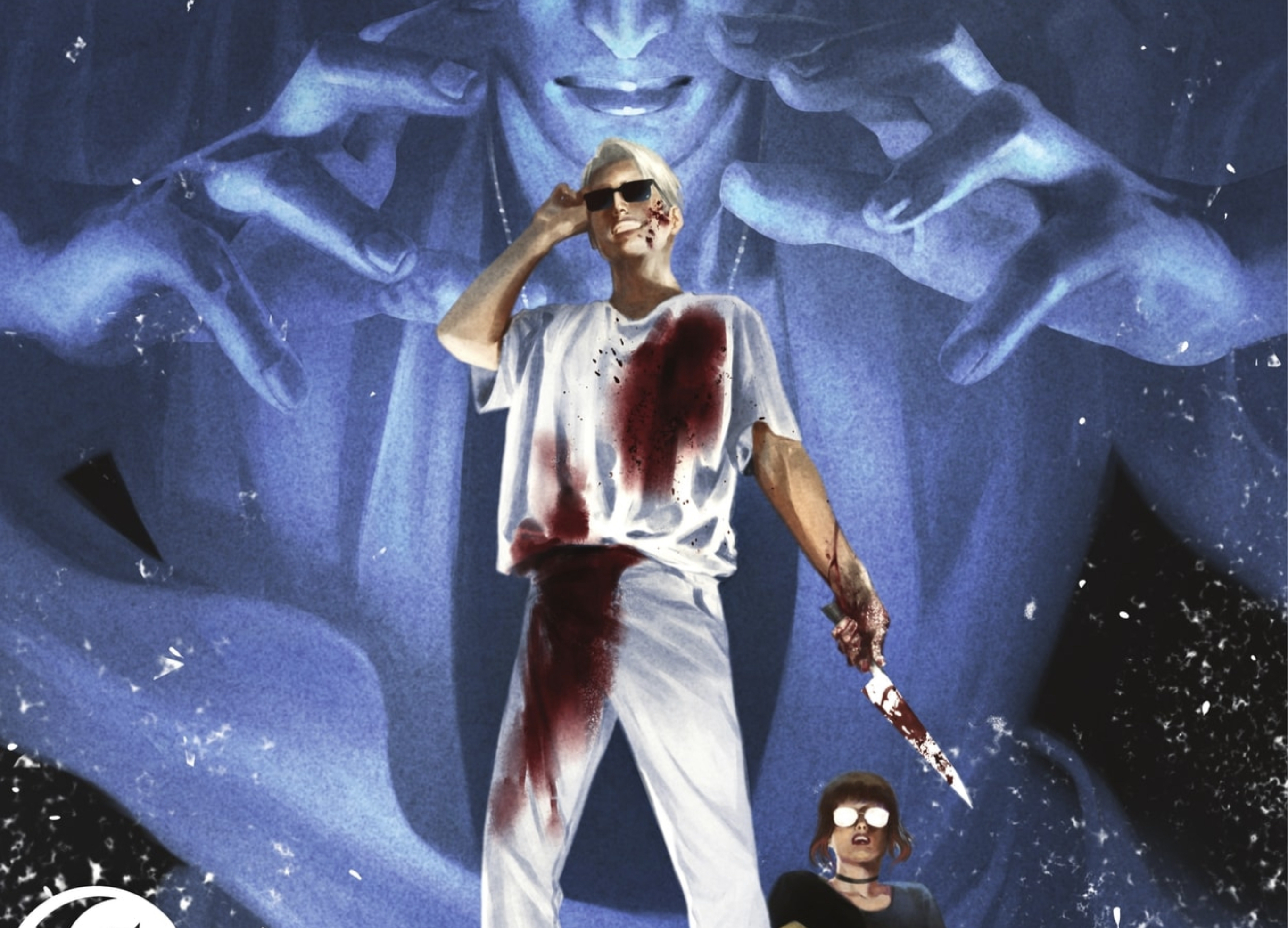 The Corinthian grins and adjusts his sunglasses. He’s covered in blood and holding a bloody knife in his other hand, on the cover of Sandman Universe: Nightmare Country #5 (2022). 