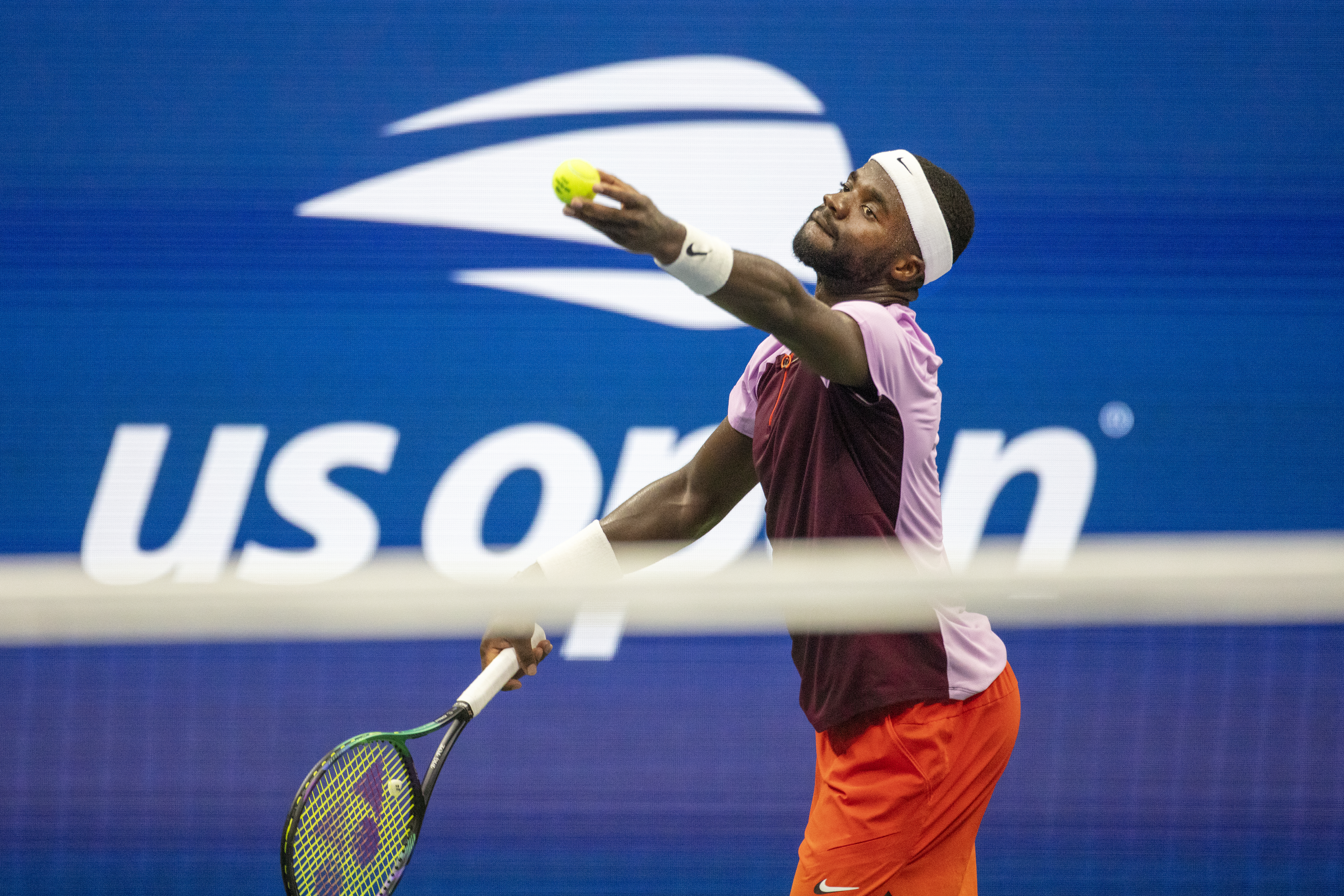 Frances Tiafoe of the United States in action during his match against Rafael Nadal of Spain in the Men’s Singles fourth round match on Arthur Ashe Stadium during the US Open Tennis Championship 2022 at the USTA National Tennis Centre on September 5th 2022 in Flushing, Queens, New York City.