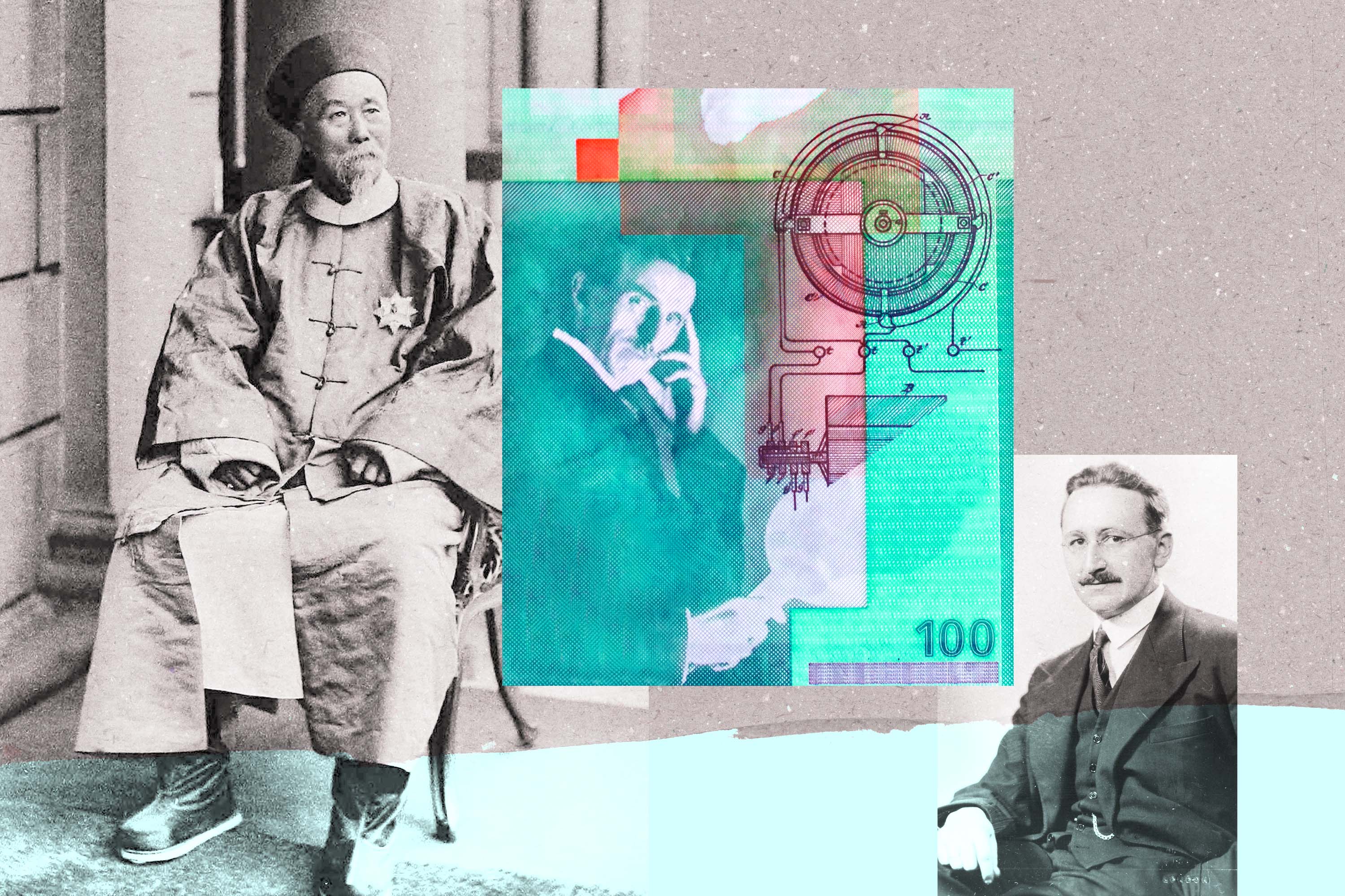 An illustration combines images of Li Hongzhang, Nikola Tesla, and Friedrich Hayek with a currency note and mechanical diagram, in muted tones of gray and blue-green.