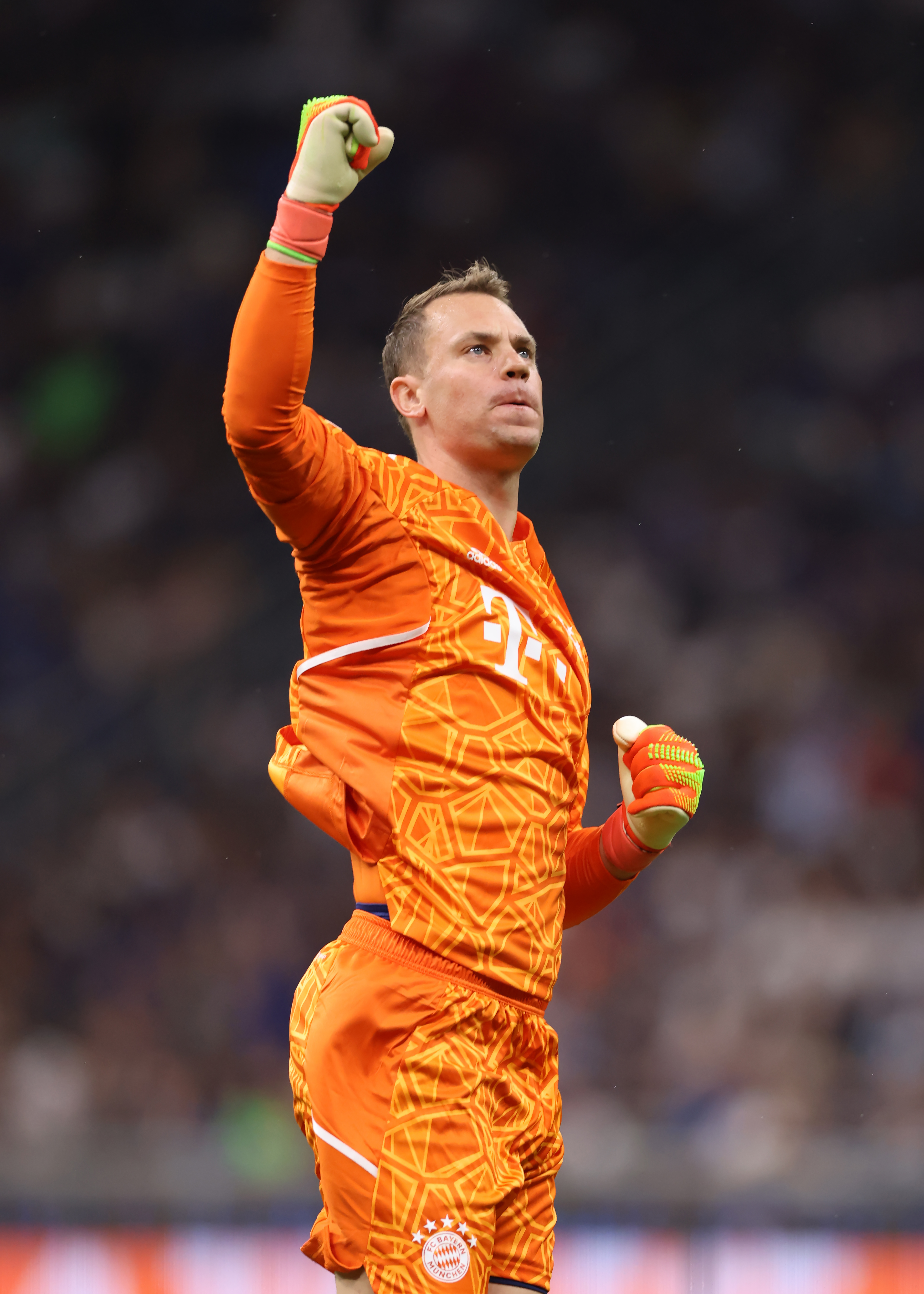 Manuel Neuer pumps his fists in celebration after Leroy Sané’s opening goal.