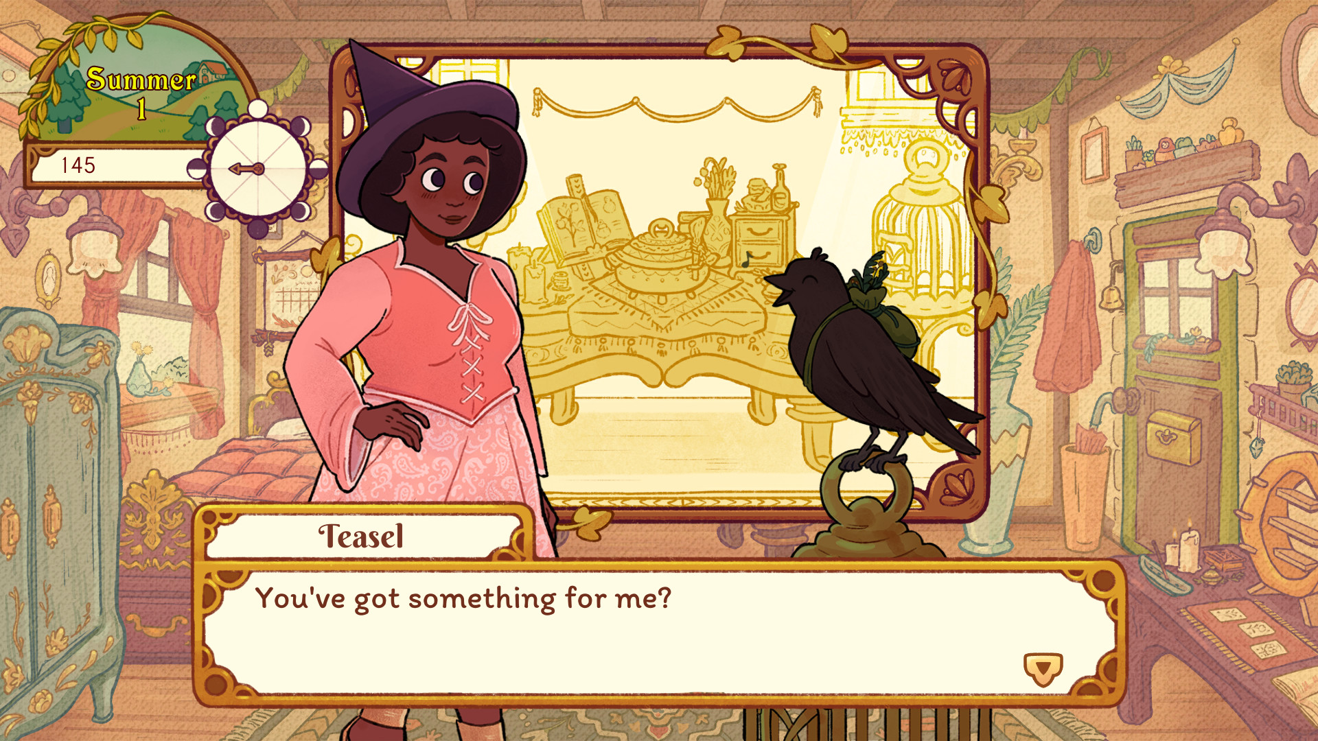 A watercolor-esque painting of a witch wearing a pink dress and talking to a crow. The text on screen says, “you’ve got something for me?”