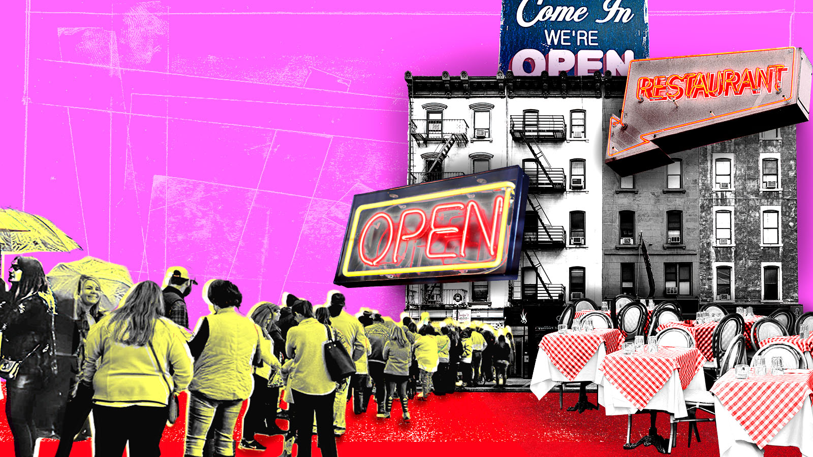 Photo-collage of a line of people standing outside a restaurant with a flashing “open” and “come in we’re open” signage.