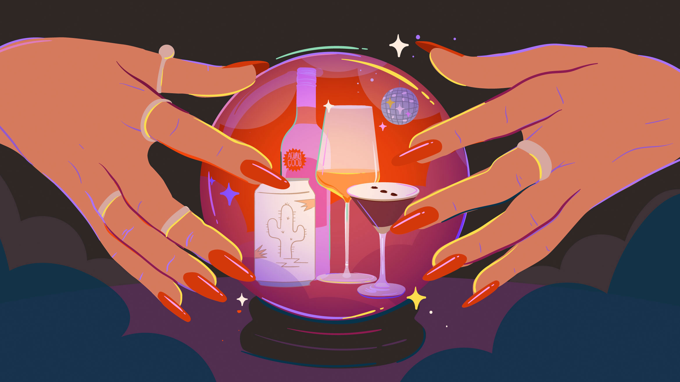 Illustration of different kinds of drinks — two glasses of wine, a can of beer, and a bottle — appearing inside a crystal ball.