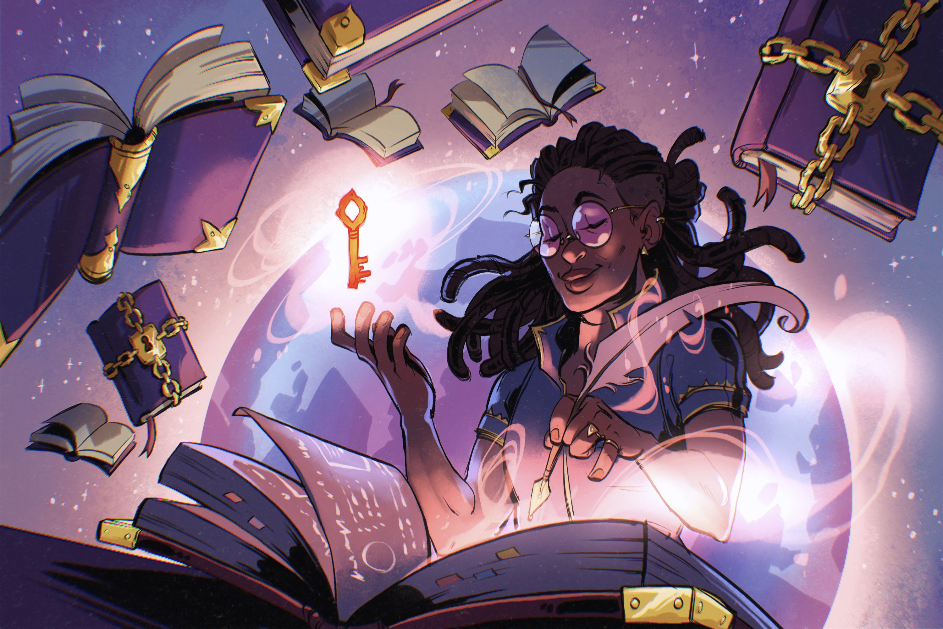 An illustration shows a tabletop RPG character sorting legal issues in a book