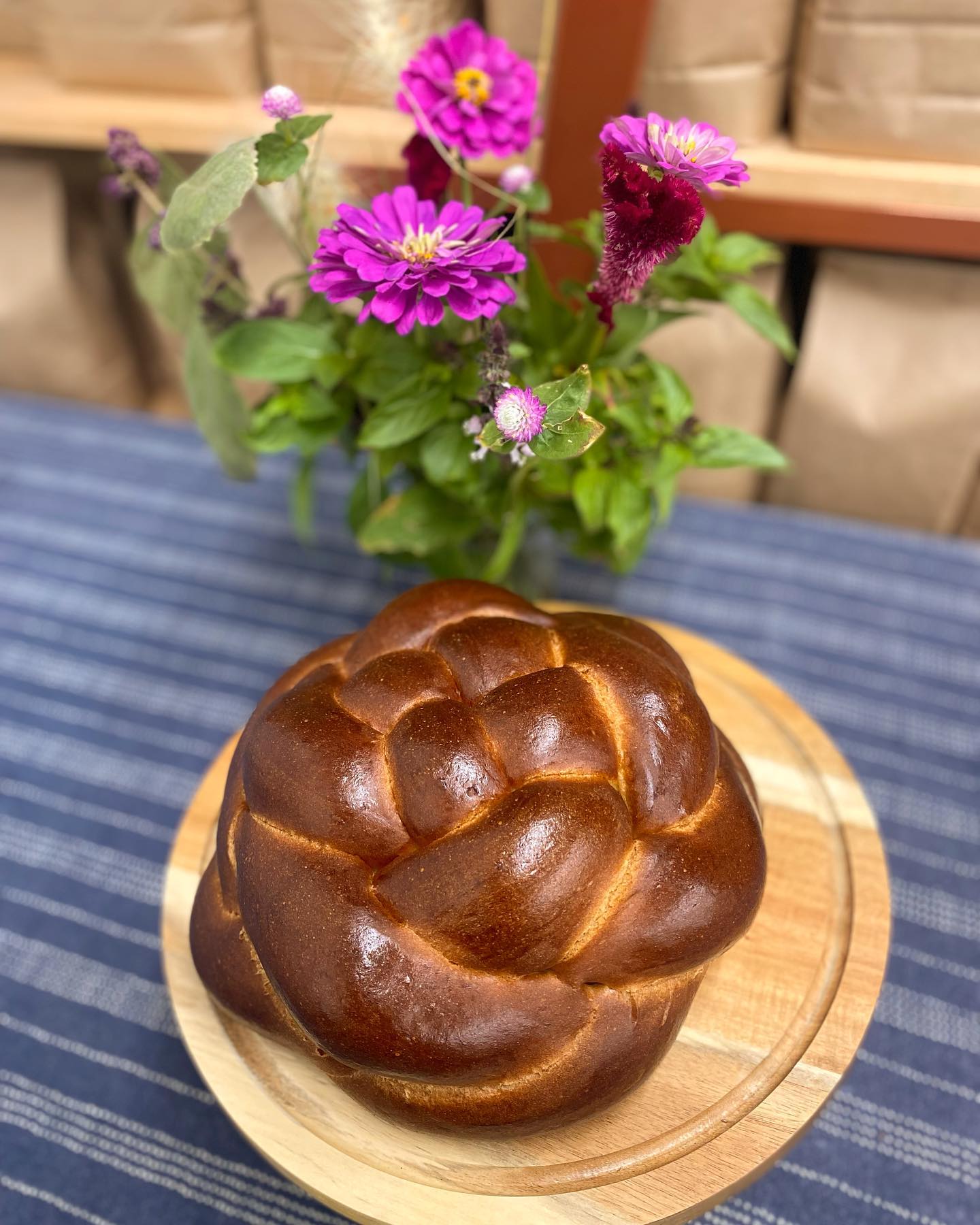 A round braided bread loaf.