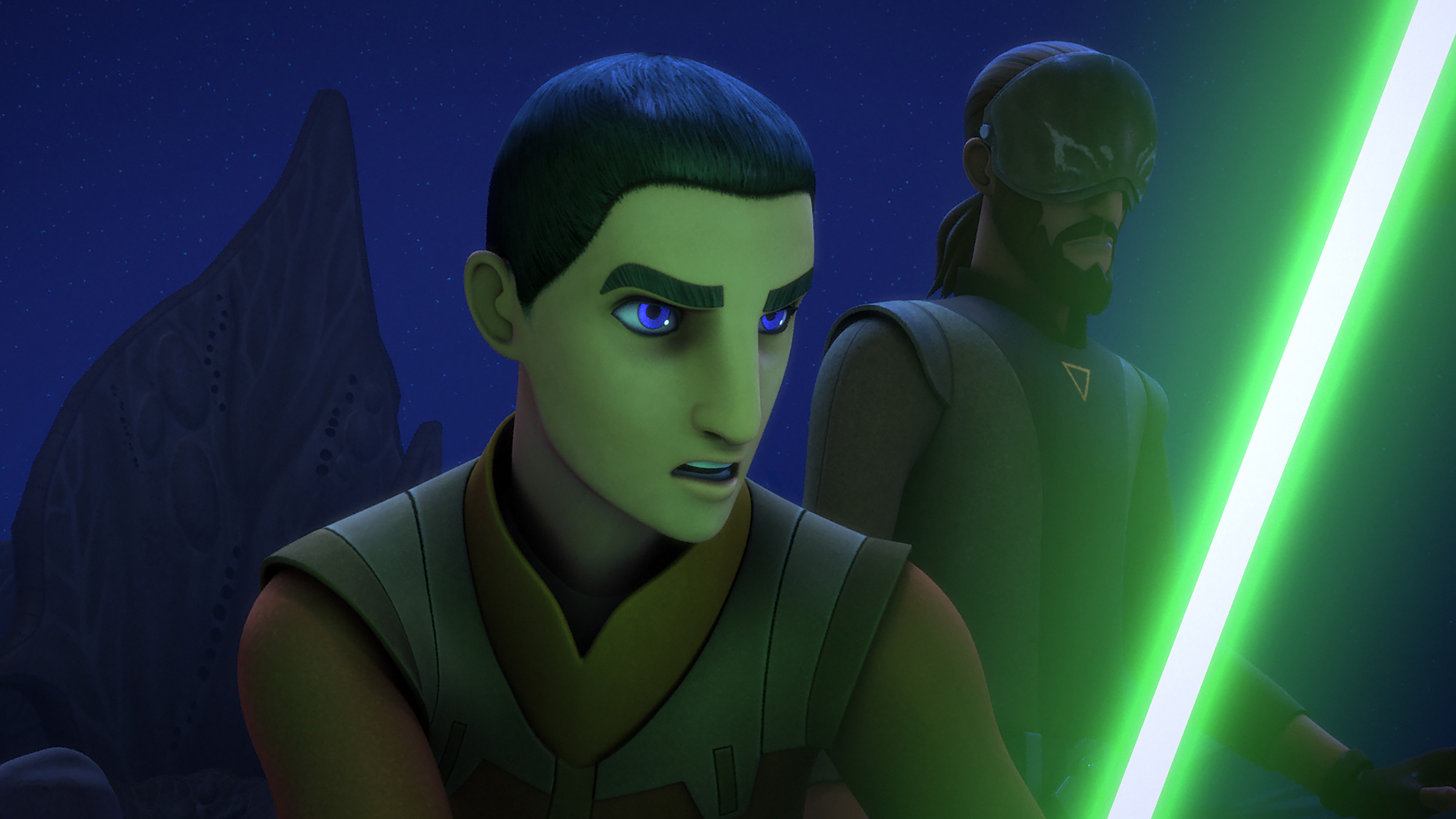 Star Wars Rebels - Ezra Bridger in the Holocrons of Fate. He’s a young man with strong facial features and heavy brows, wearing simple Jedi garb and holding out a green lightsaber.
