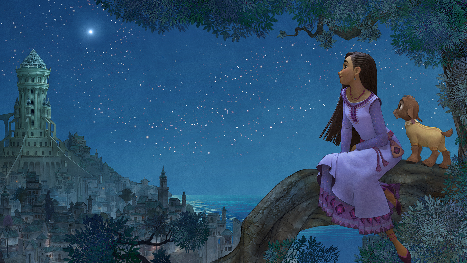 a tan-skinned girl sits on the brandch of a tree. she wears a purple dress, long dark hair over one shoulder. next to her is a small goat in a onesie, they look out at a beautiful night sky over a city next to water