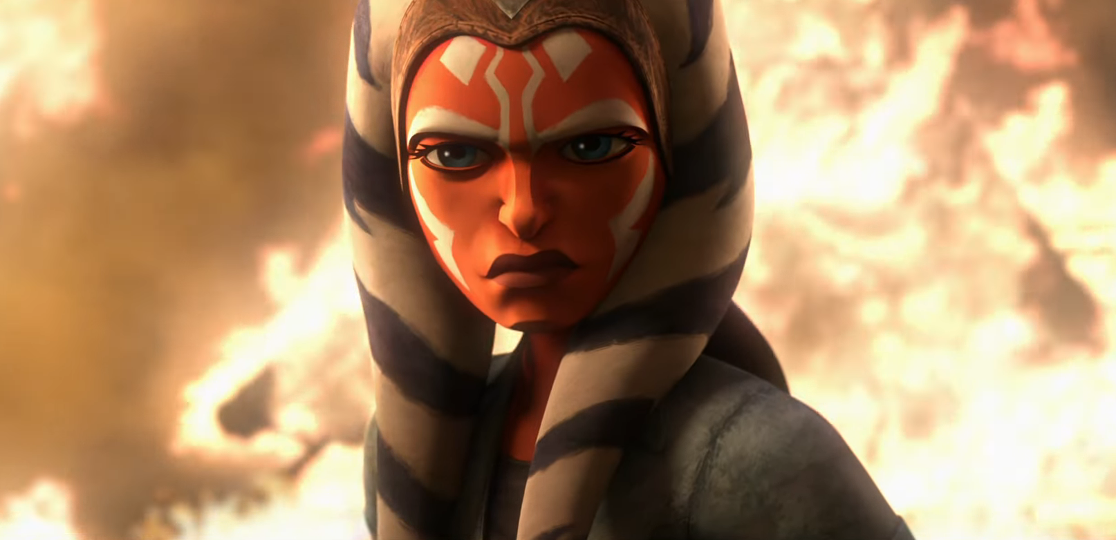Ahsoka Tano, surrounded by fire and looking fierce, in Tales of the Jedi