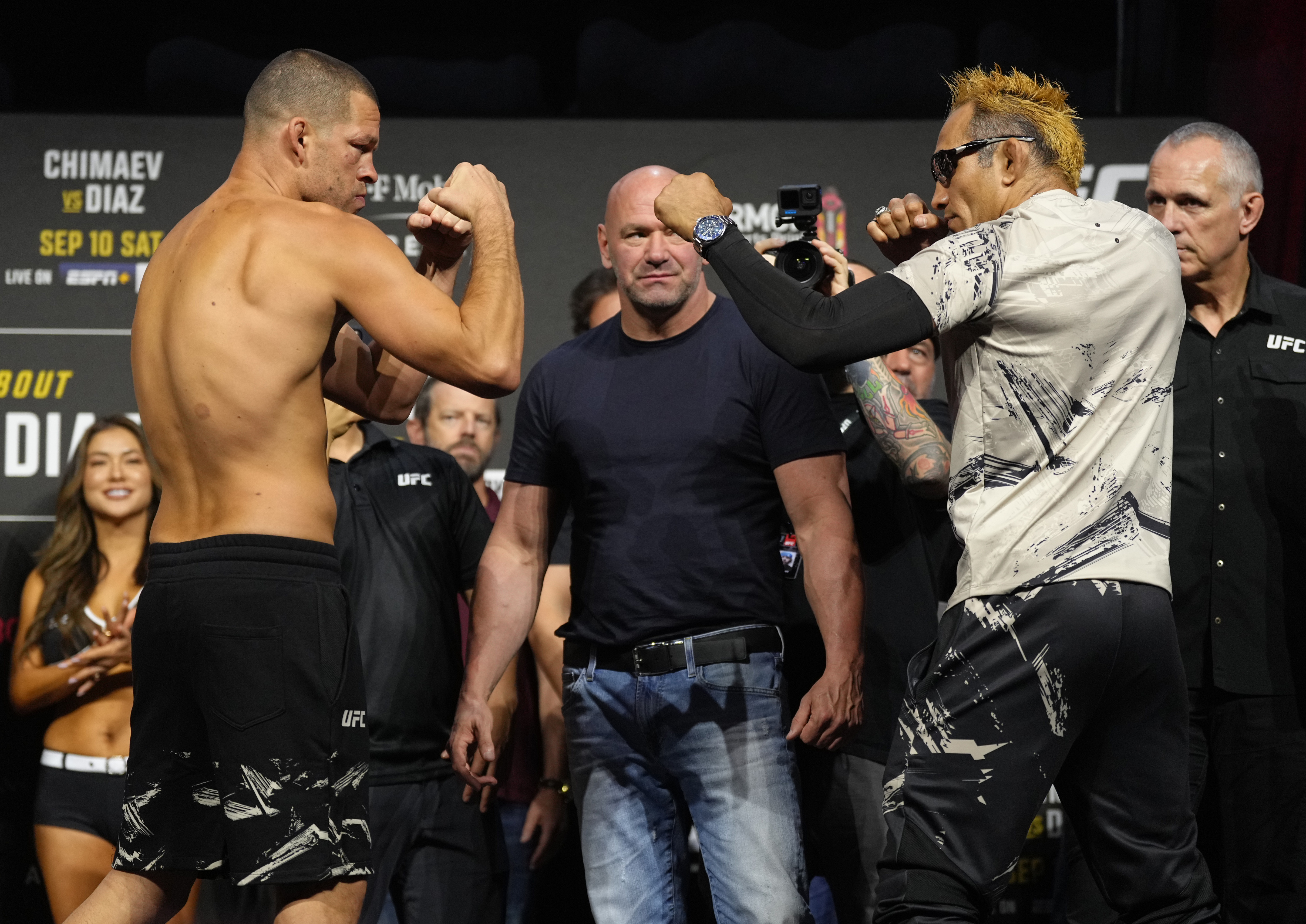 Opponents Nate Diaz and Tony Ferguson face off during the UFC 279 ceremonial weigh-in at MGM Grand Garden Arena on September 09, 2022 in Las Vegas, Nevada.