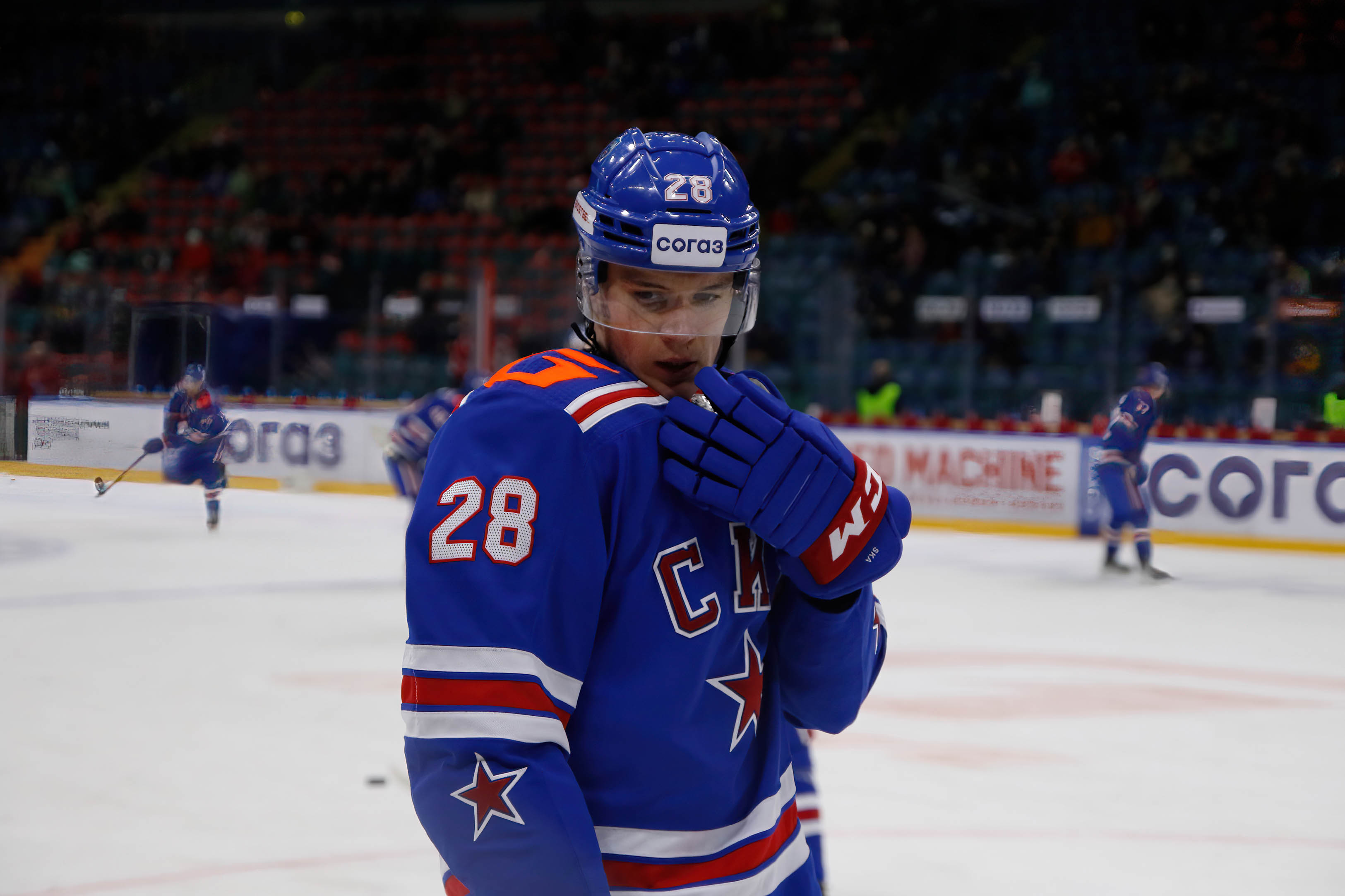 SKA Hockey Club player, Maxim Groshev (No.28) seen in action...