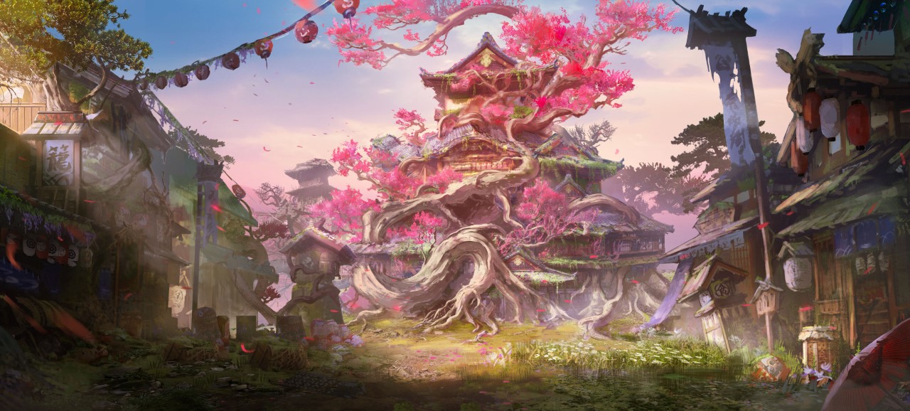 Concept art showing a ruined medieval Japanese temple overgrown with a giant pink blossom tree