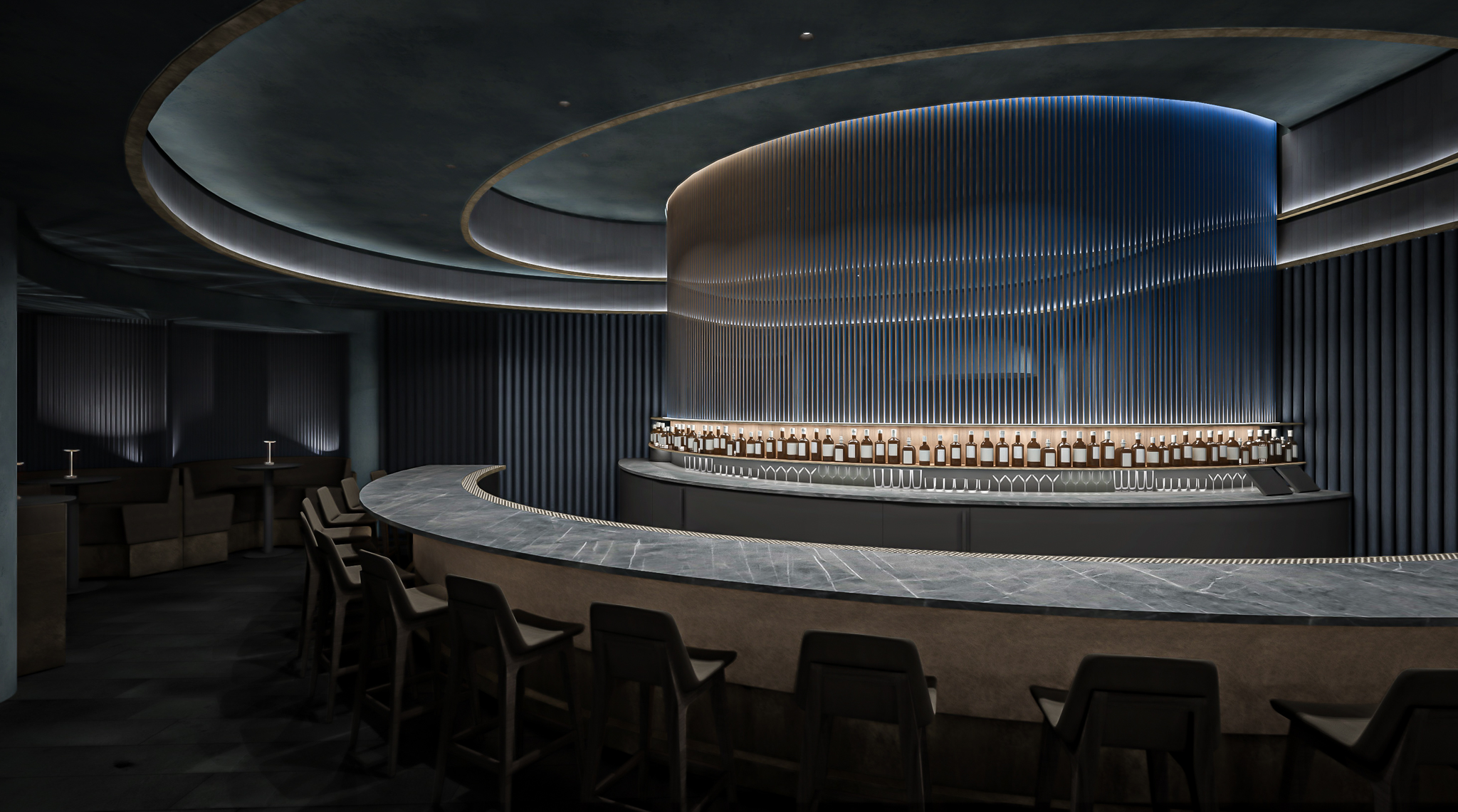 A CGI rendering of a futuristic bar.