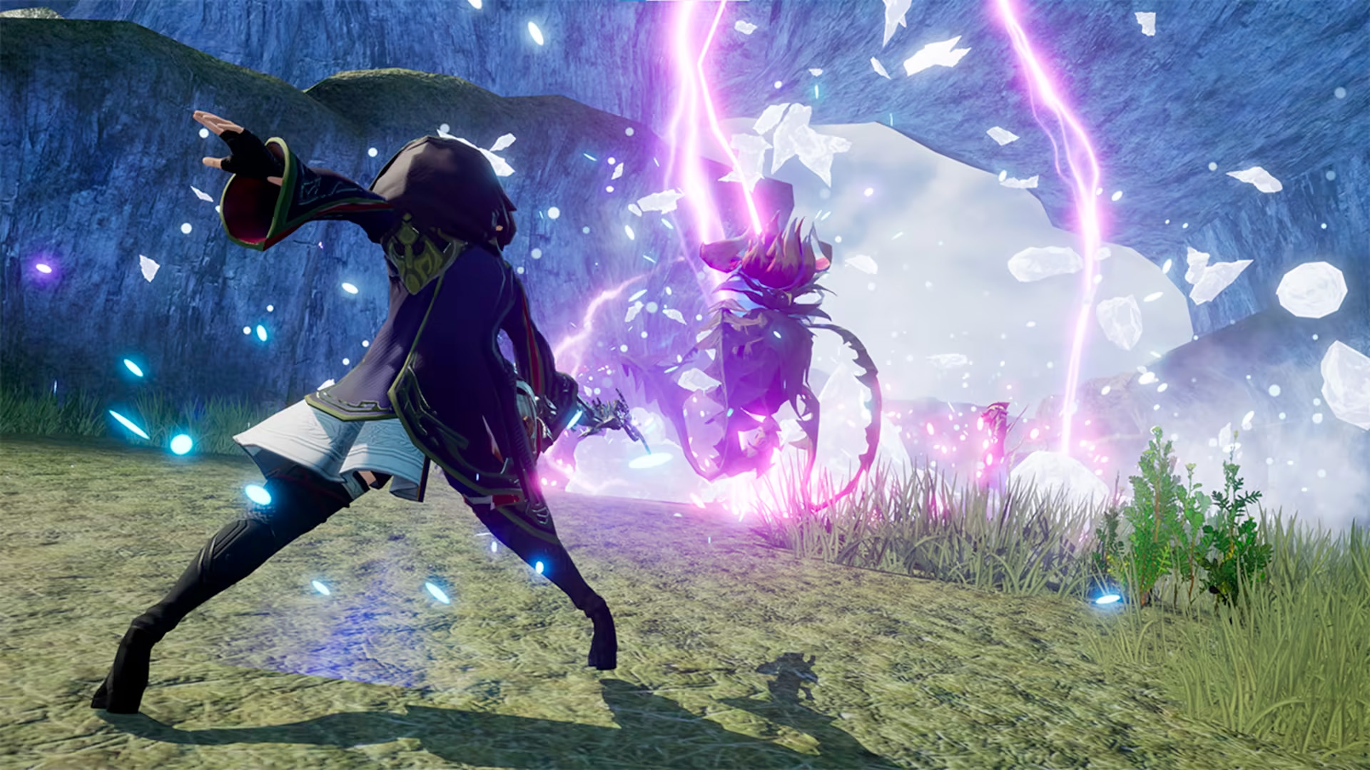A character in a long black coat with long coat trails wields purple-colored magic, and fights against a machine enemy.