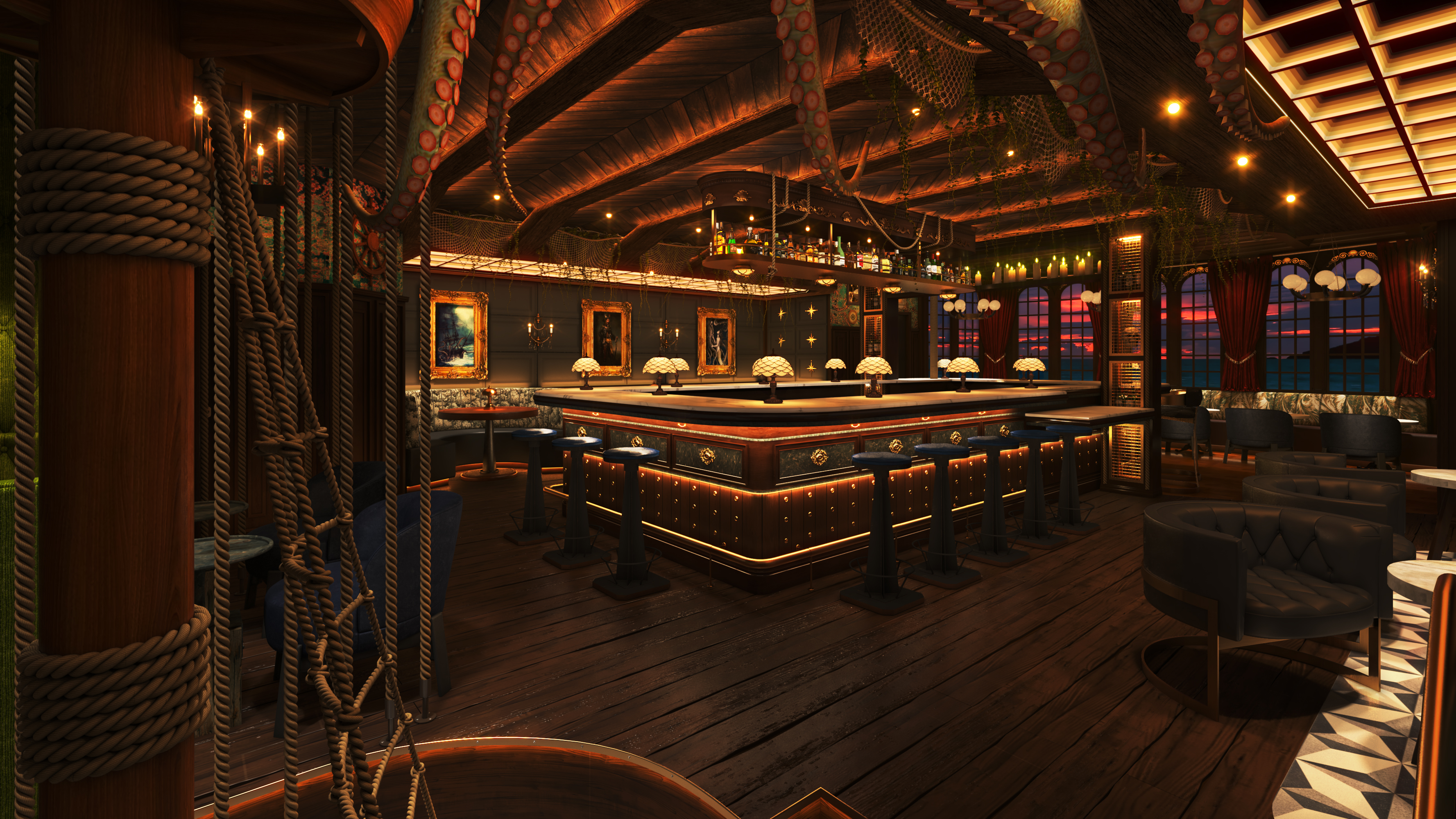 A rendering of a nautical-themed bar.