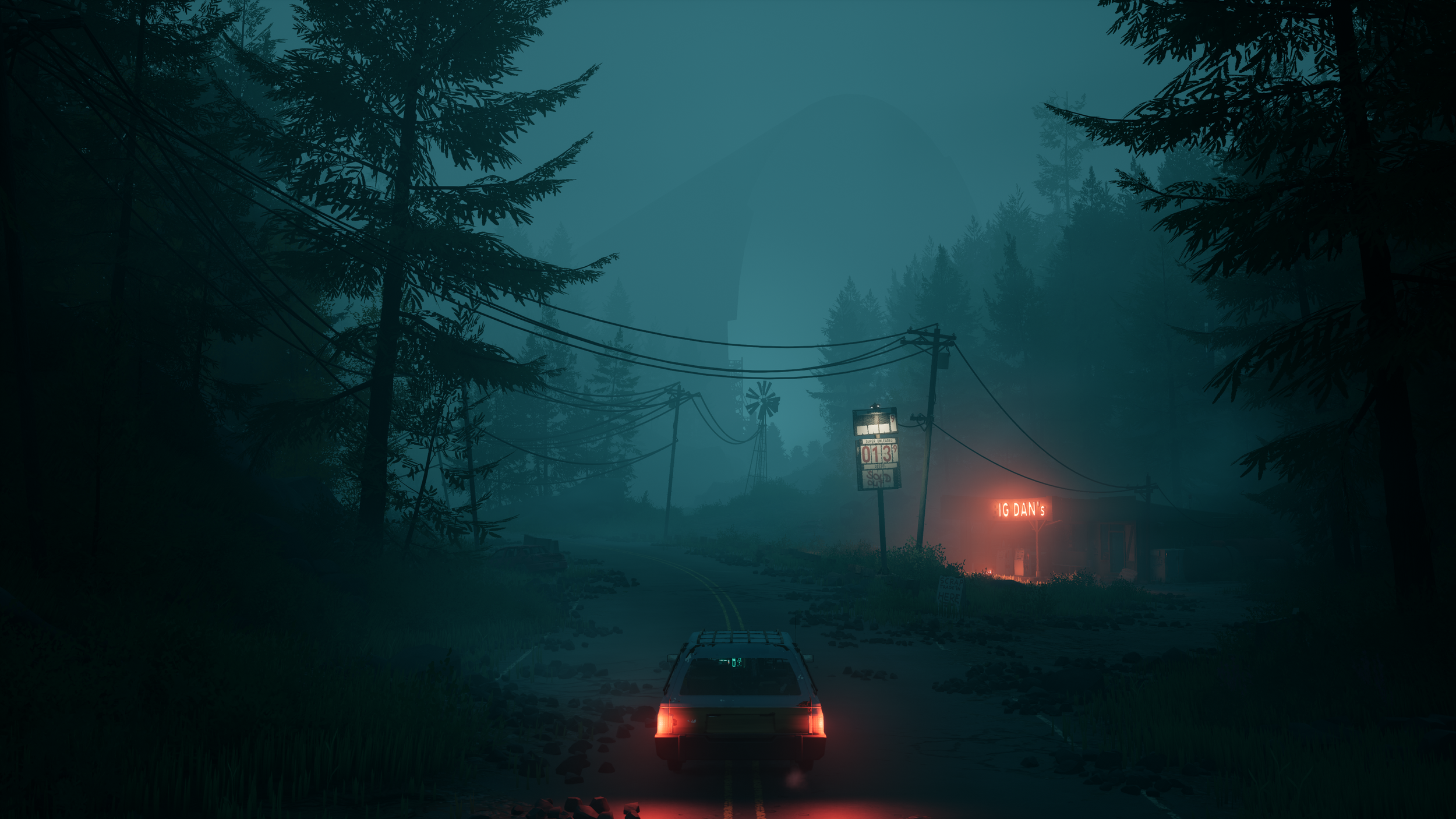 Pacific Drive - a car idles on a quiet trail in the Pacific Northwest, preparing for a trip into the dark, foggy woods and the mysterious beyond