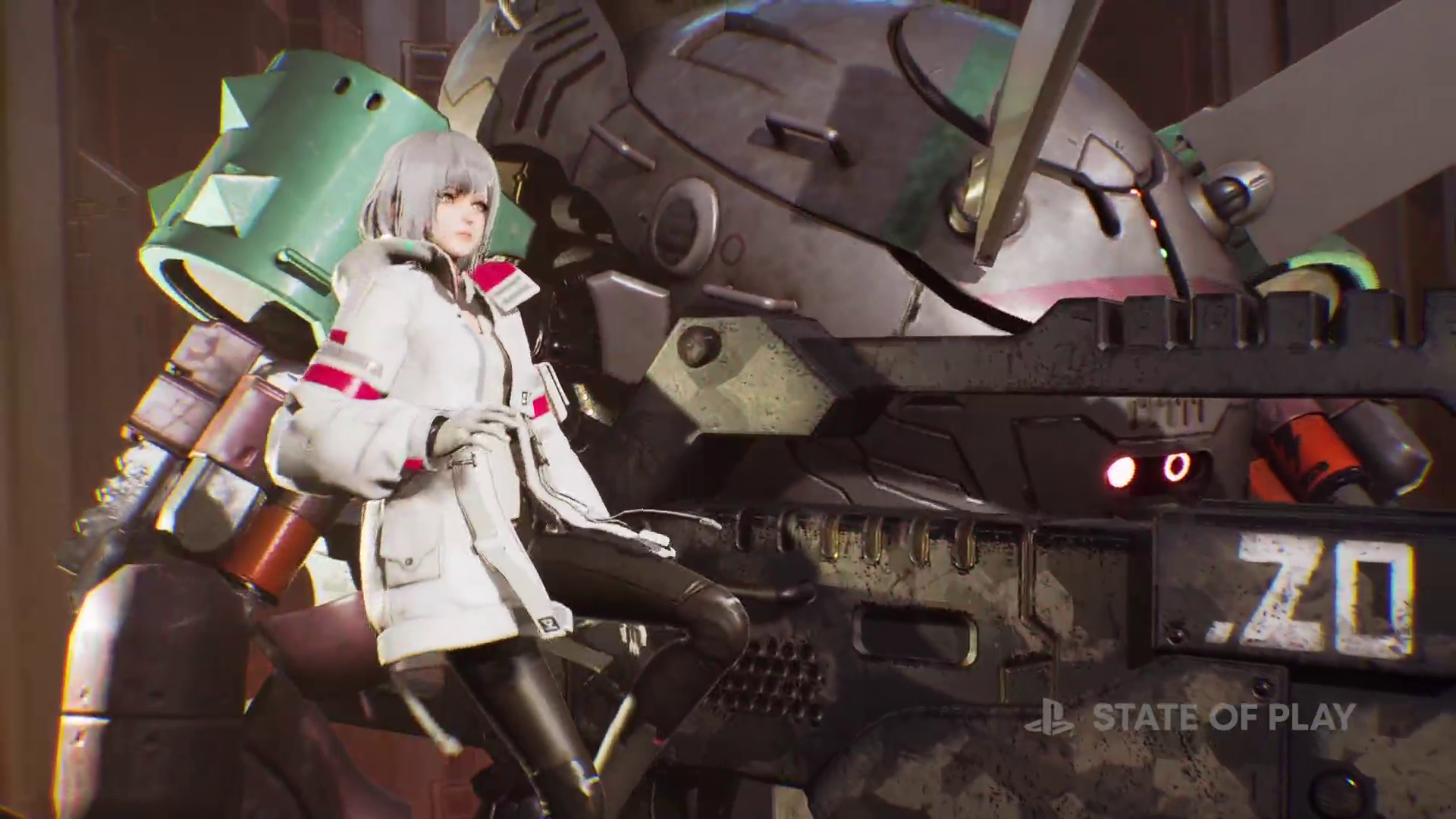 a gray-haired young woman floating in front of a mech in SynDuality