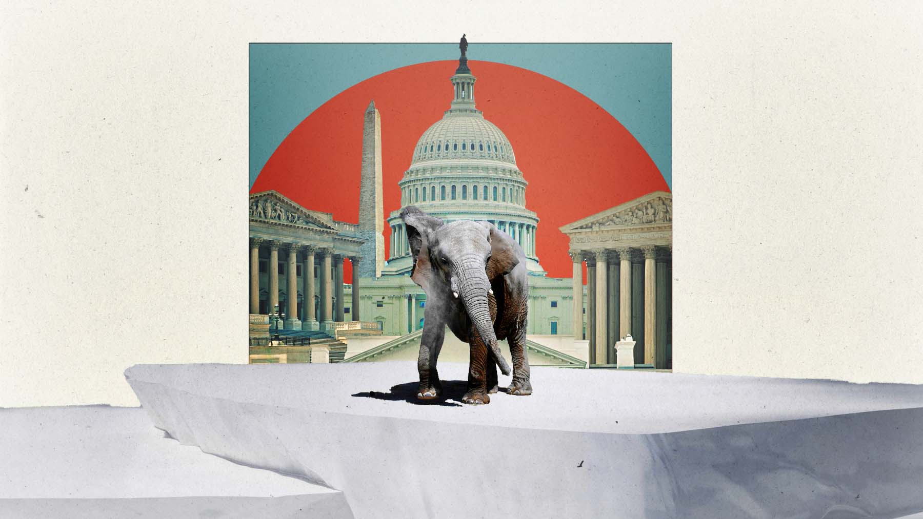 A photo illustration of an elephant standing on a platform of rocks, in front of a collaged backdrop of landmarks in Washington, DC, such as the US Capitol Building and the Supreme Court.