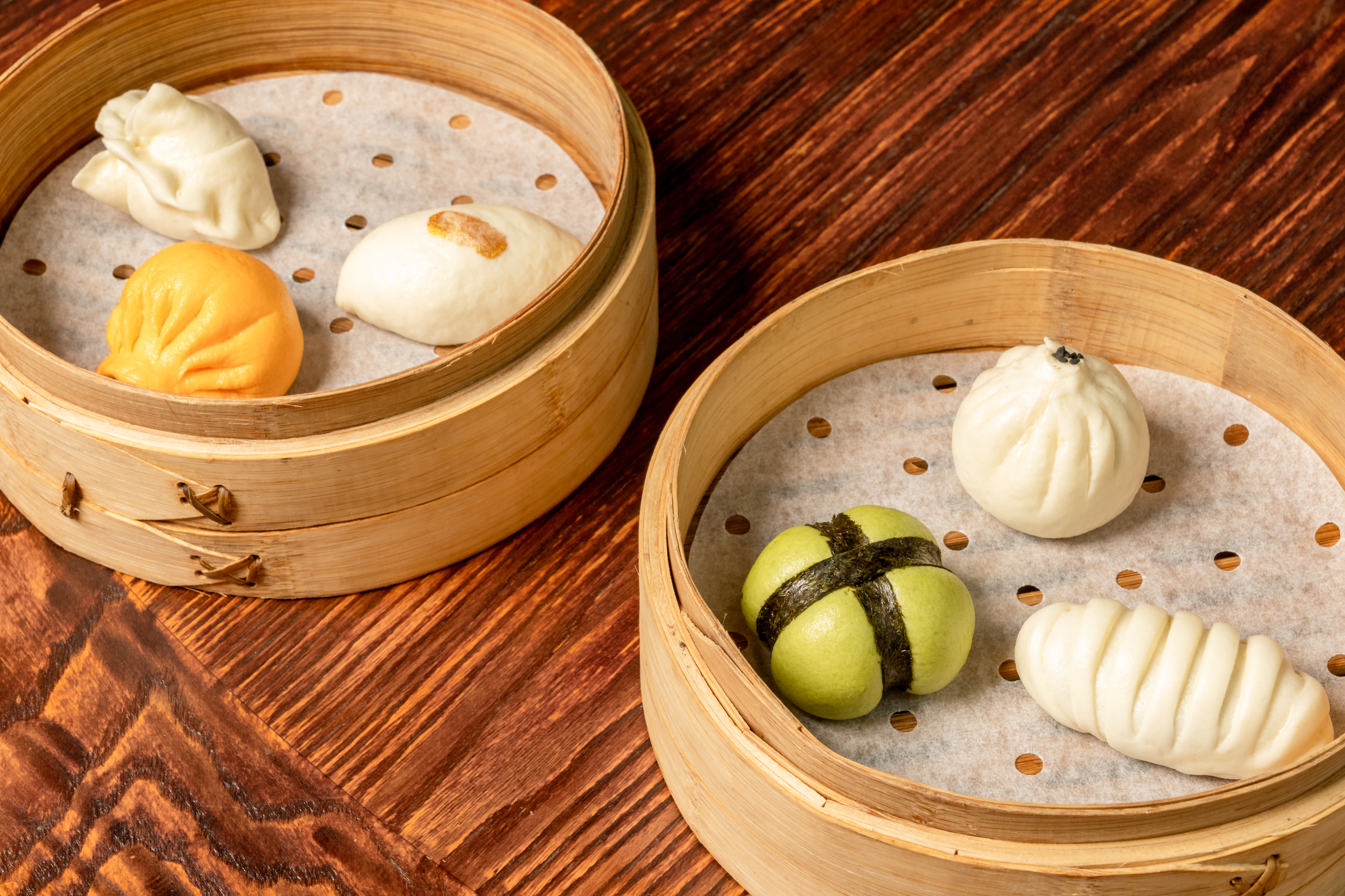 a variety of dim sum plates.