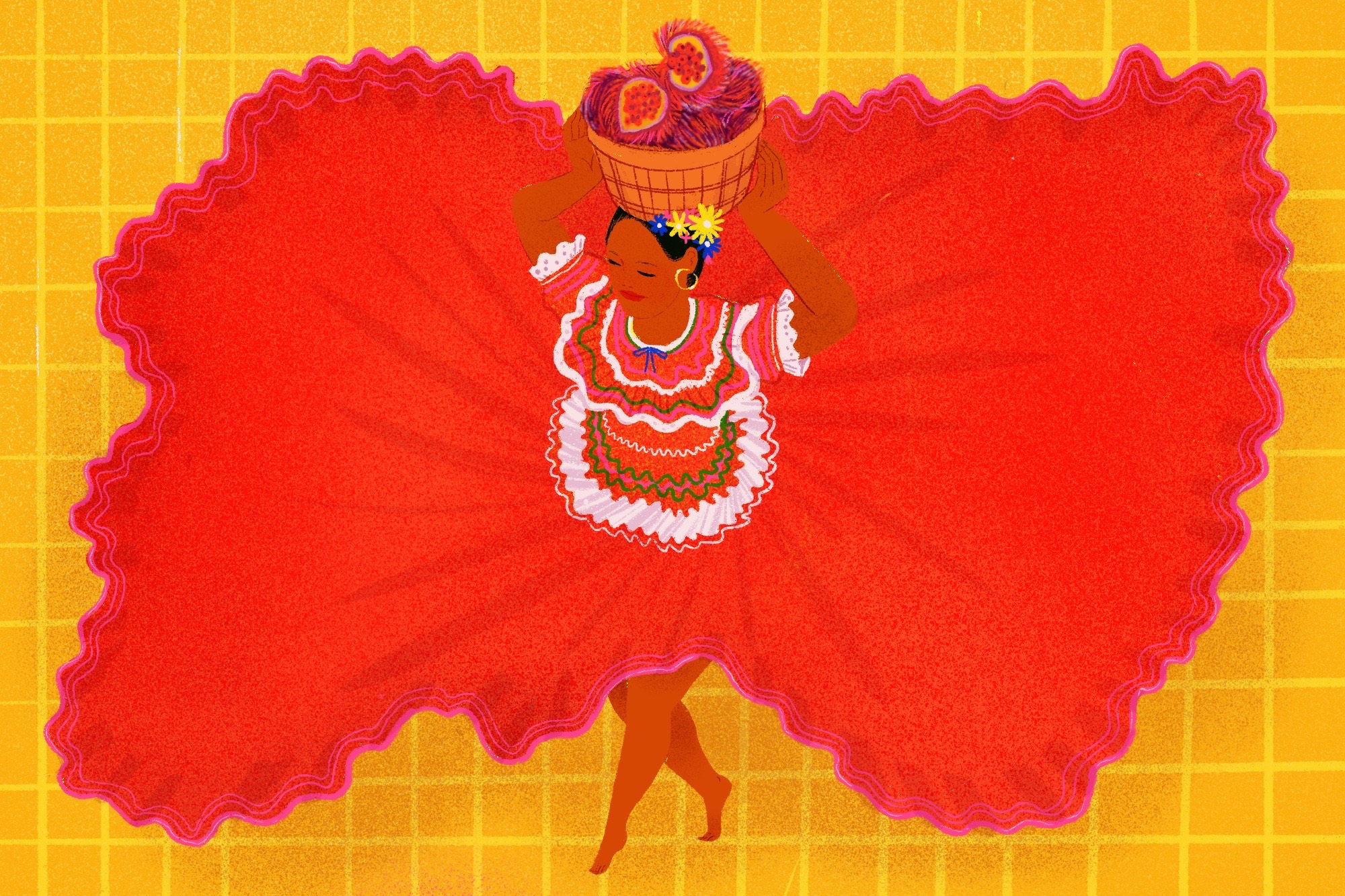 A woman in a vibrant, twirling red dress carries a basket of achiote on her head. Illustration.