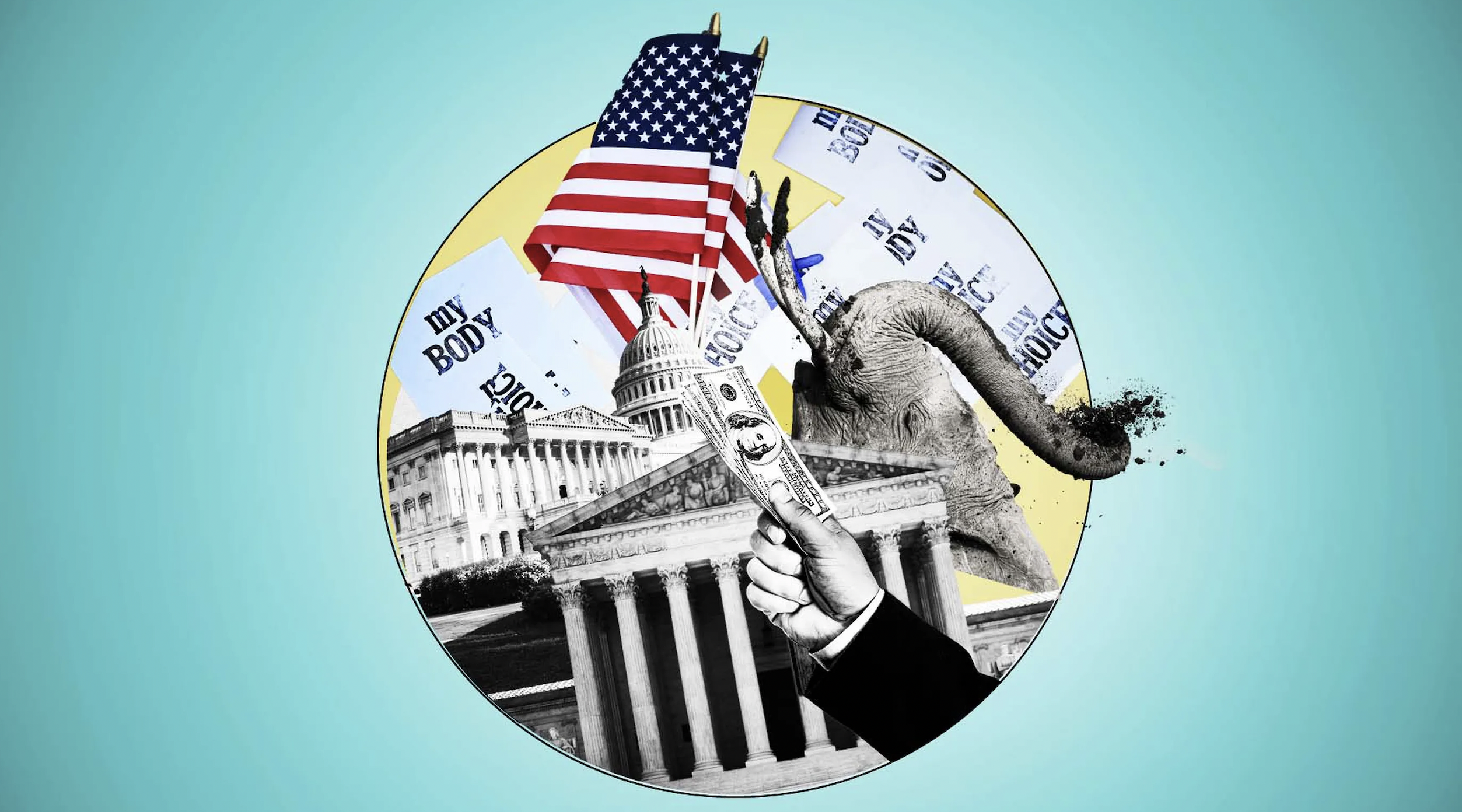 A graphic shows a collage of election-related images; a hand pointing, a waving flag, the Supreme Court builiding, an elephant, and an abortion rights sign saying “My body, my choice.”