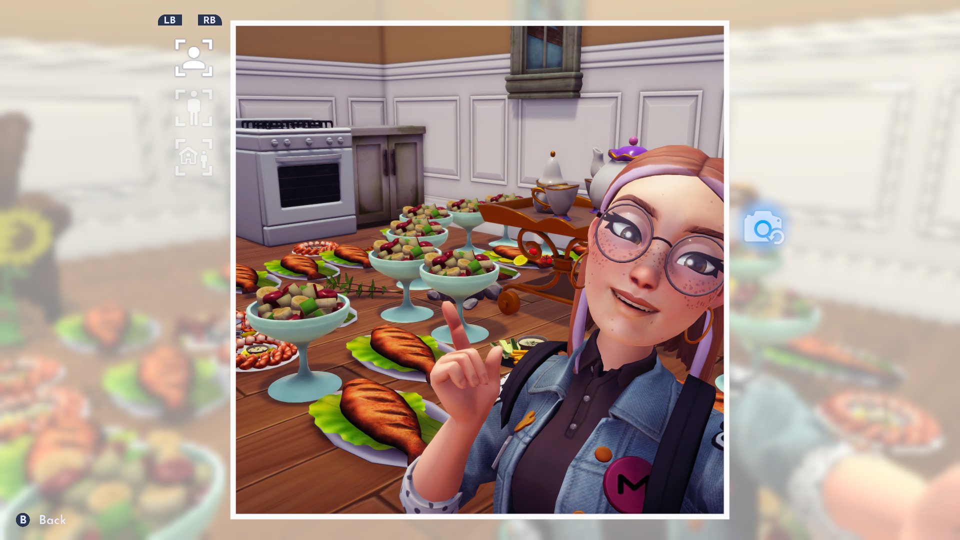 a disney dreamlight character with red and pink hair and glasses pointing at a room full of grilled fish and fruit cups