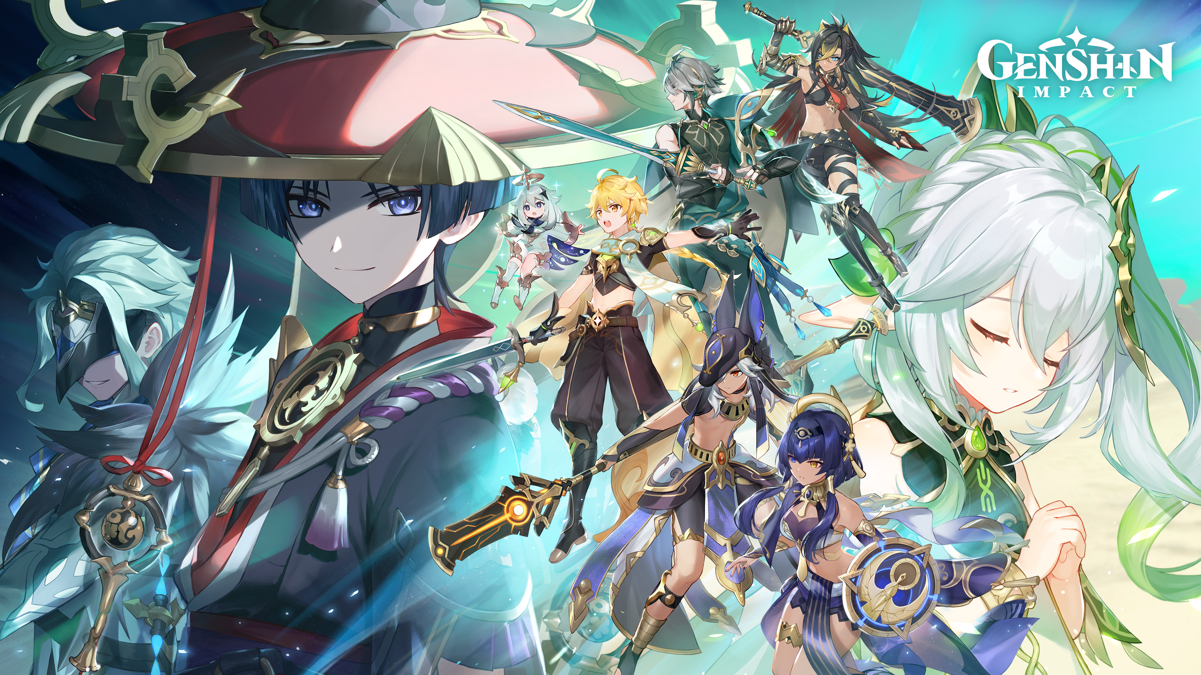 the key art for 3.1 genshin impact update. it shows Scaramouche, Aether, Candace, Kusanali, Cyno, Deyha, Alhaitham, and Dottore.