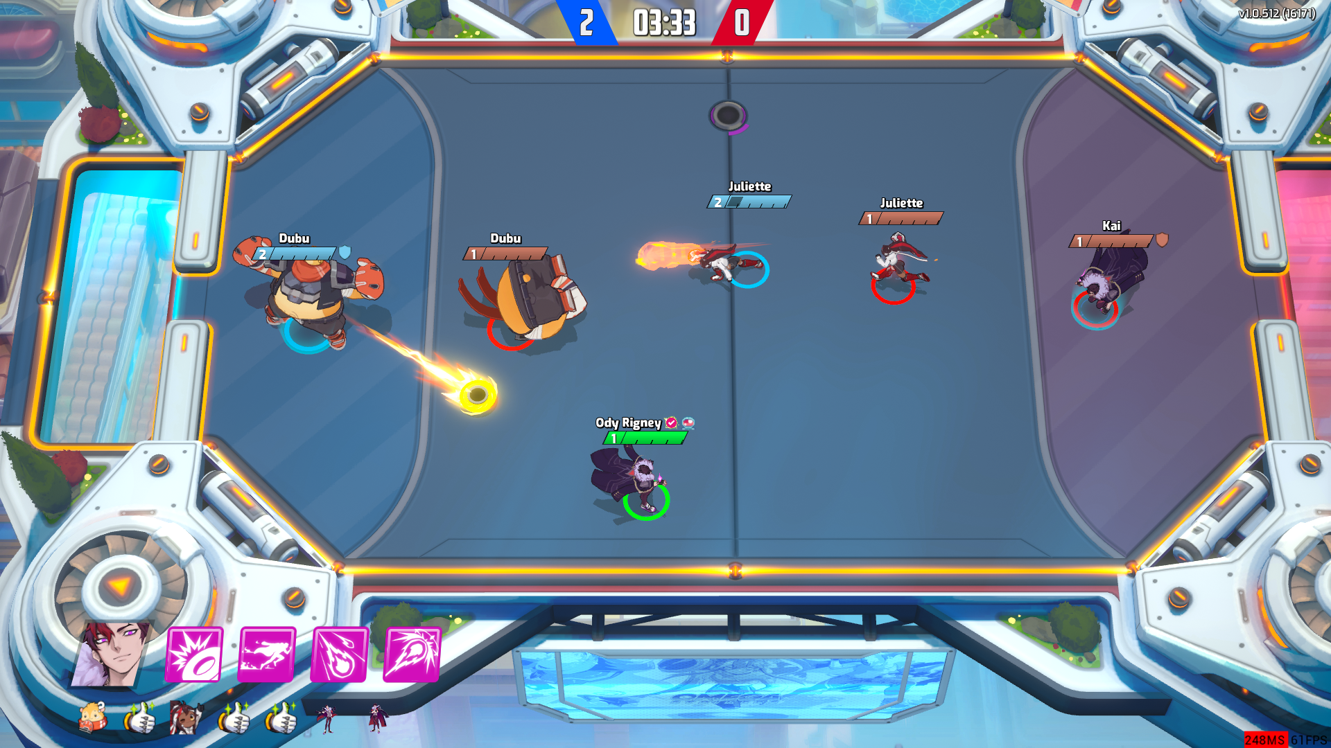 Omega Strikers - A six player game, with three players on each team. The characters are playing a futuristic, high tech game of soccer with a bright yellow spinning puck.