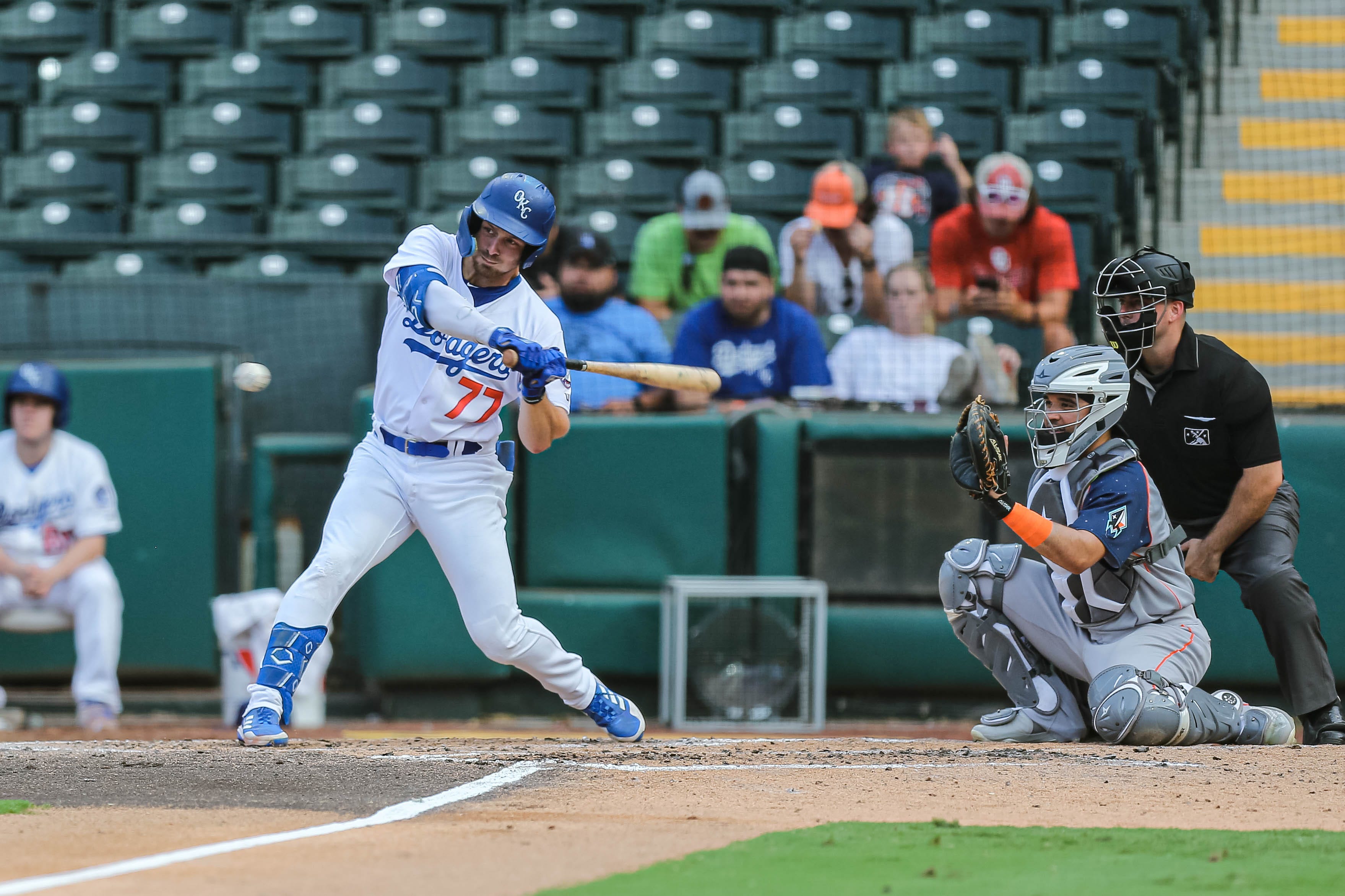 Michael Busch (77) takes the plate as the Oklahoma City Dodgers face the Sugar Land Space Cowboys at Chickasaw Bricktown Ballpark in Downtown Oklahoma City on Wednesday, July 27, 2022.