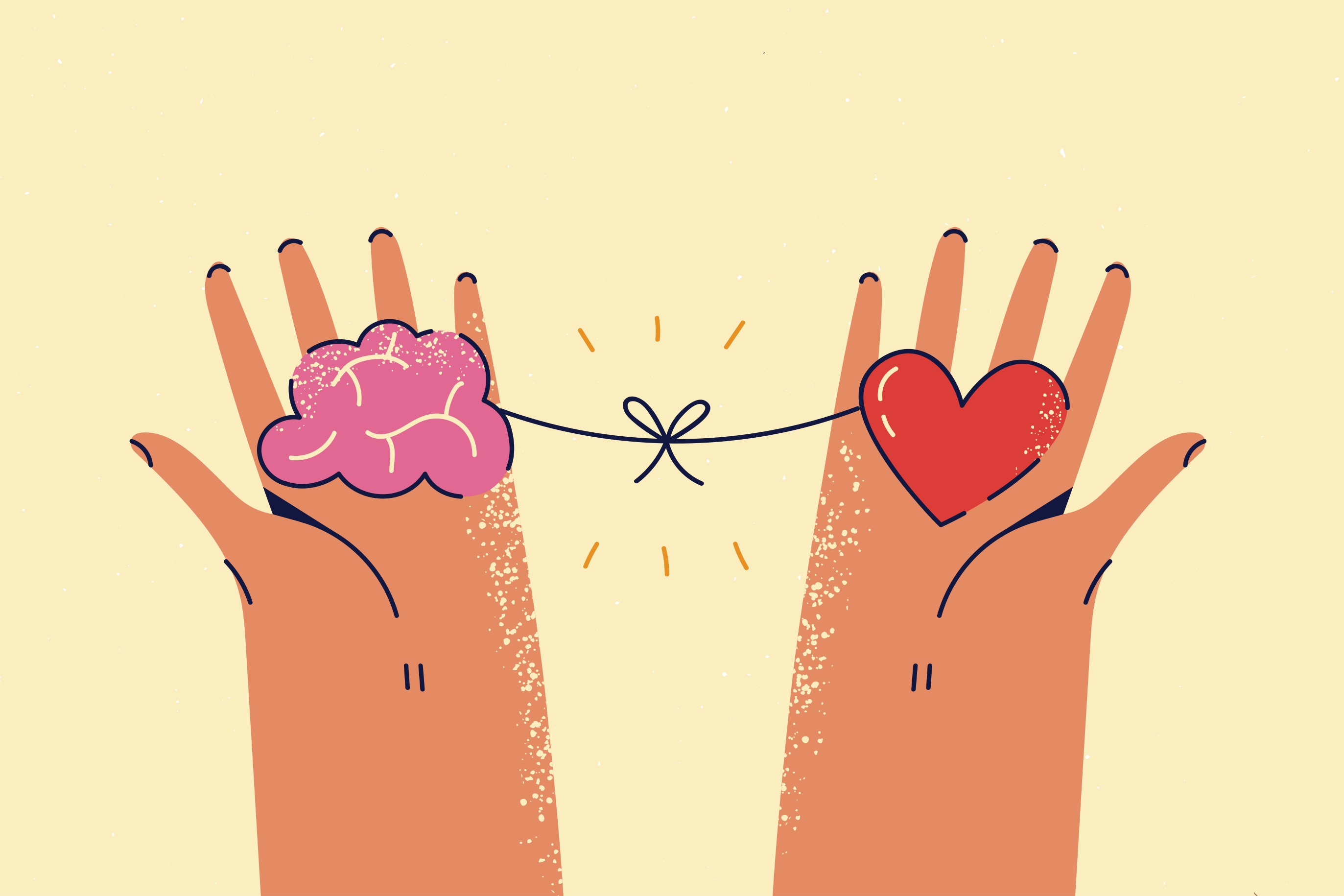 An illustration of two orange hands against a yellow background. The left hand holds a brain, the right hand holds a heart.