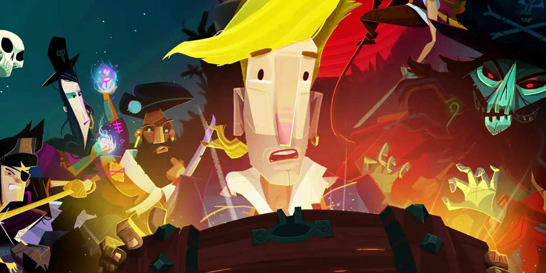Guybrush and his cohorts look inside a treasure chest in Return to Monkey Island