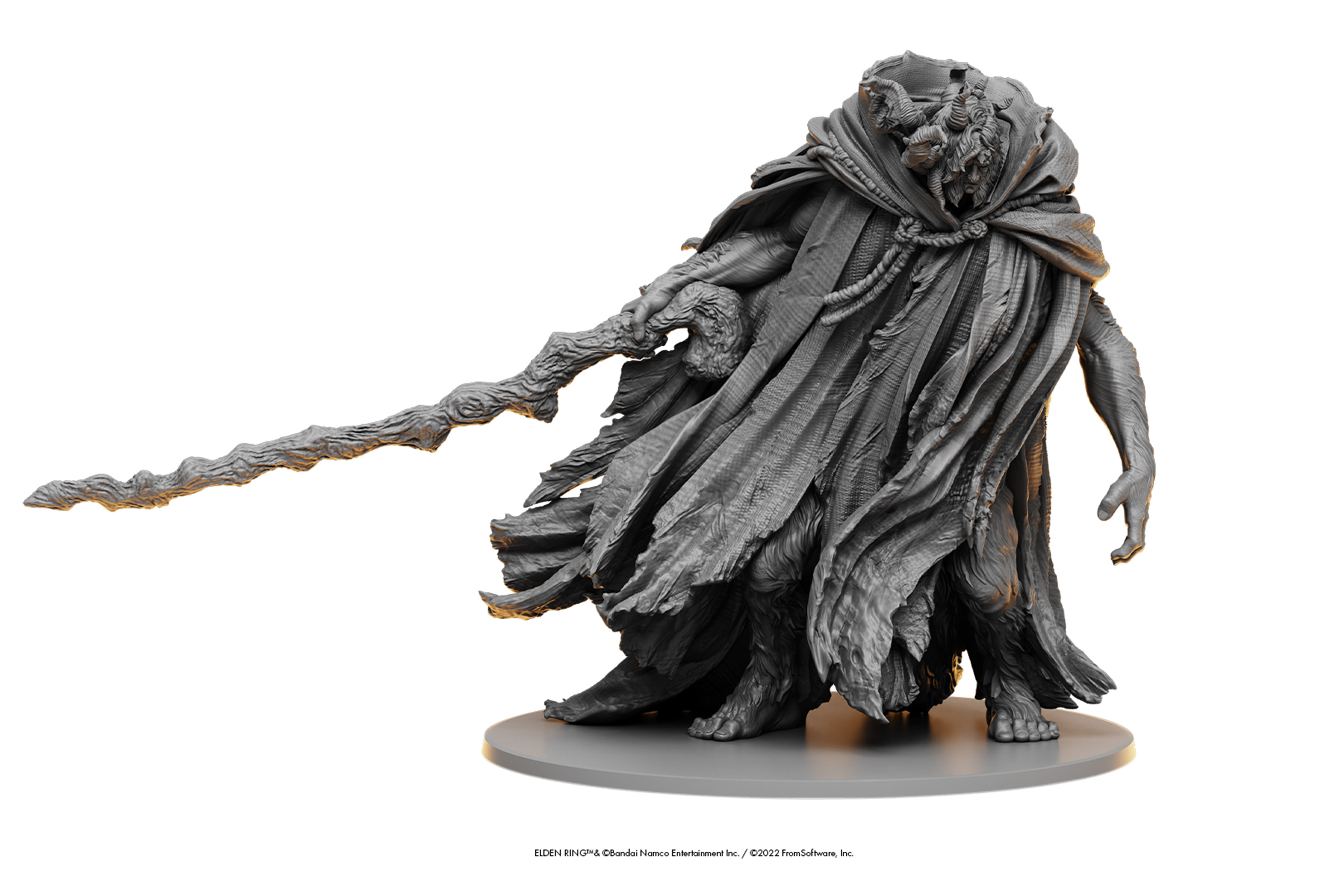 A miniature figure of a lumpy abomination that resembles Margit, from Elden Ring. It’s gray.
