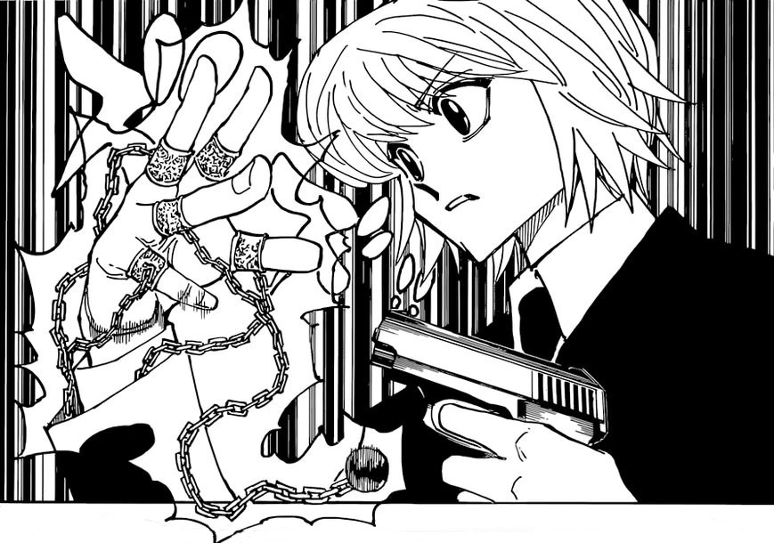 kurapika wielding his chains and holding a gun